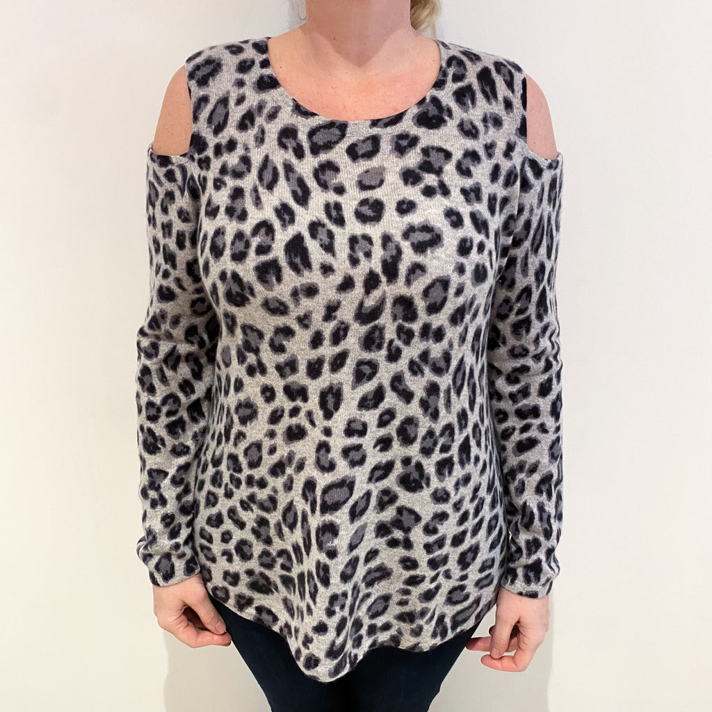 Smoke Grey Animal Print Patterned Cashmere Crew Neck Jumper Large