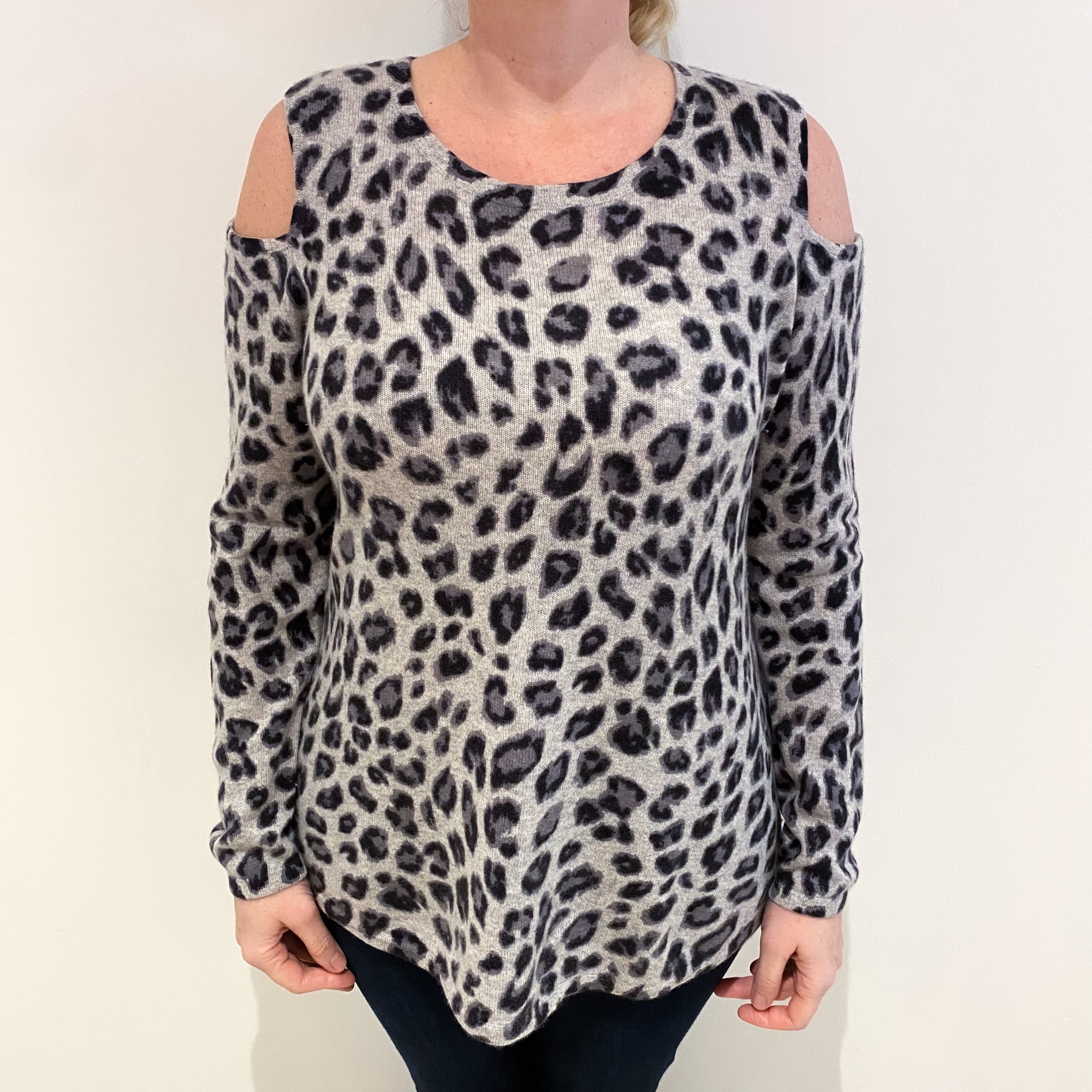 Smoke Grey Animal Print Patterned Cashmere Crew Neck Jumper Large