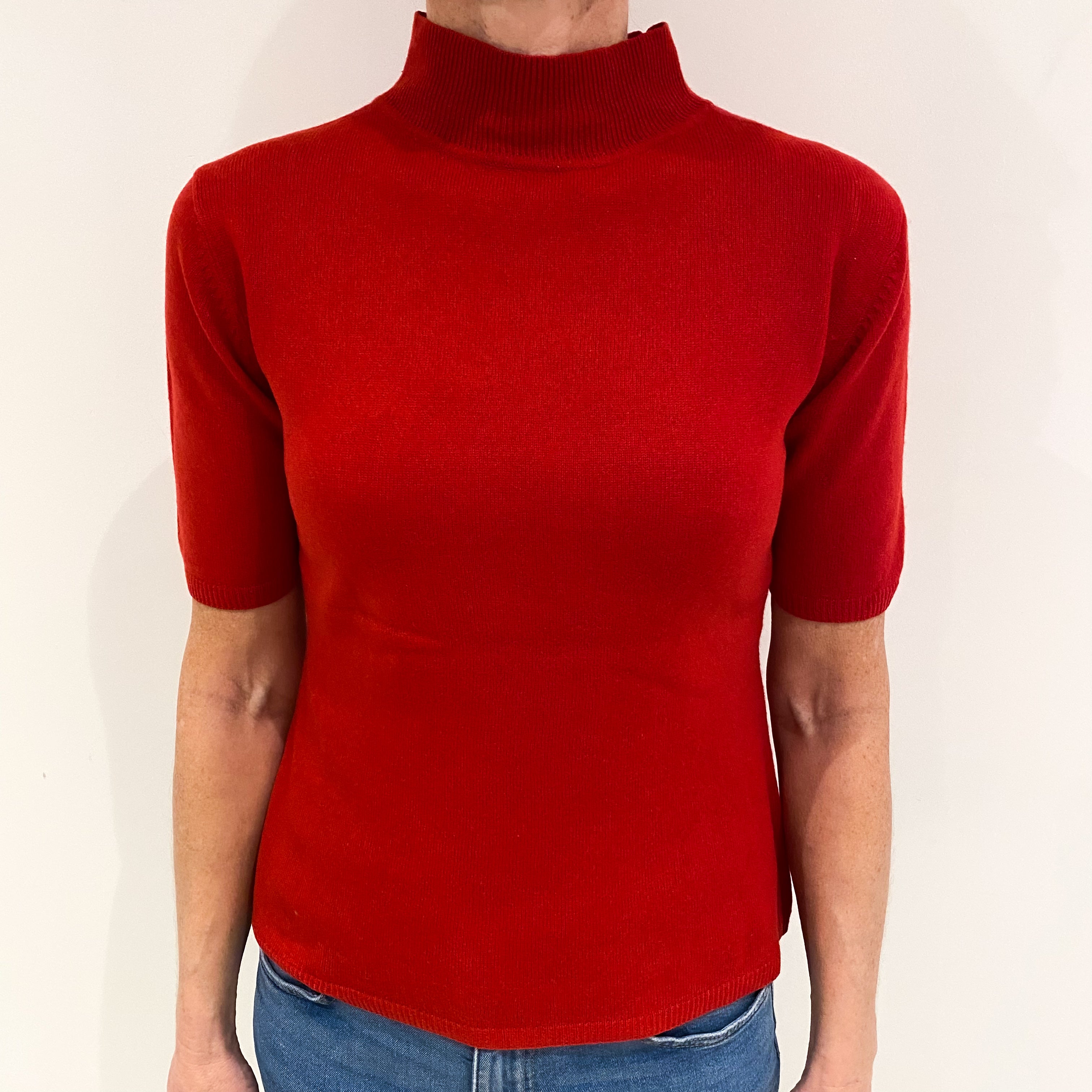 Post Box Red Cashmere Short Sleeved Funnel Neck Jumper Small