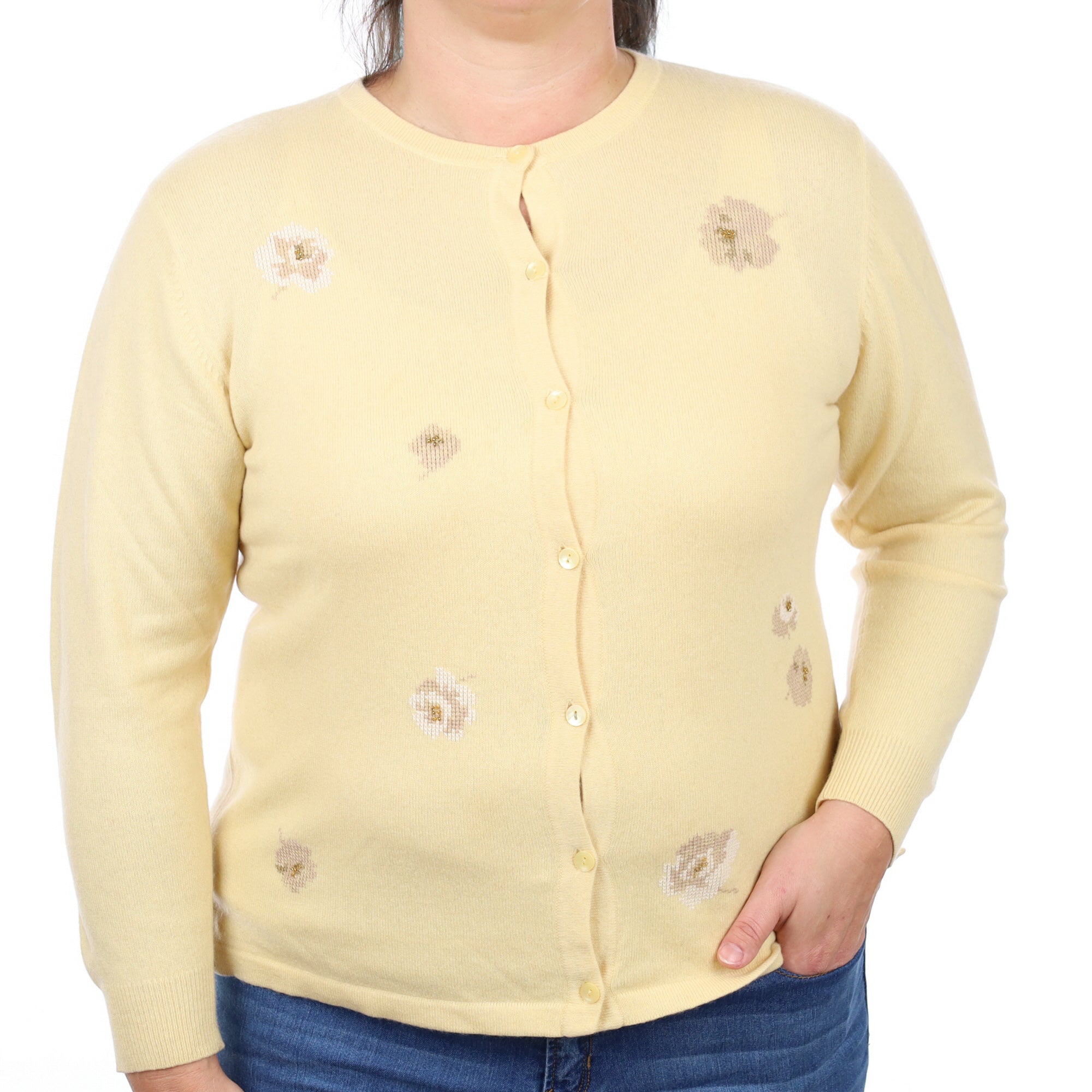 Custard Yellow Floral Cashmere Crew Neck Cardigan Large