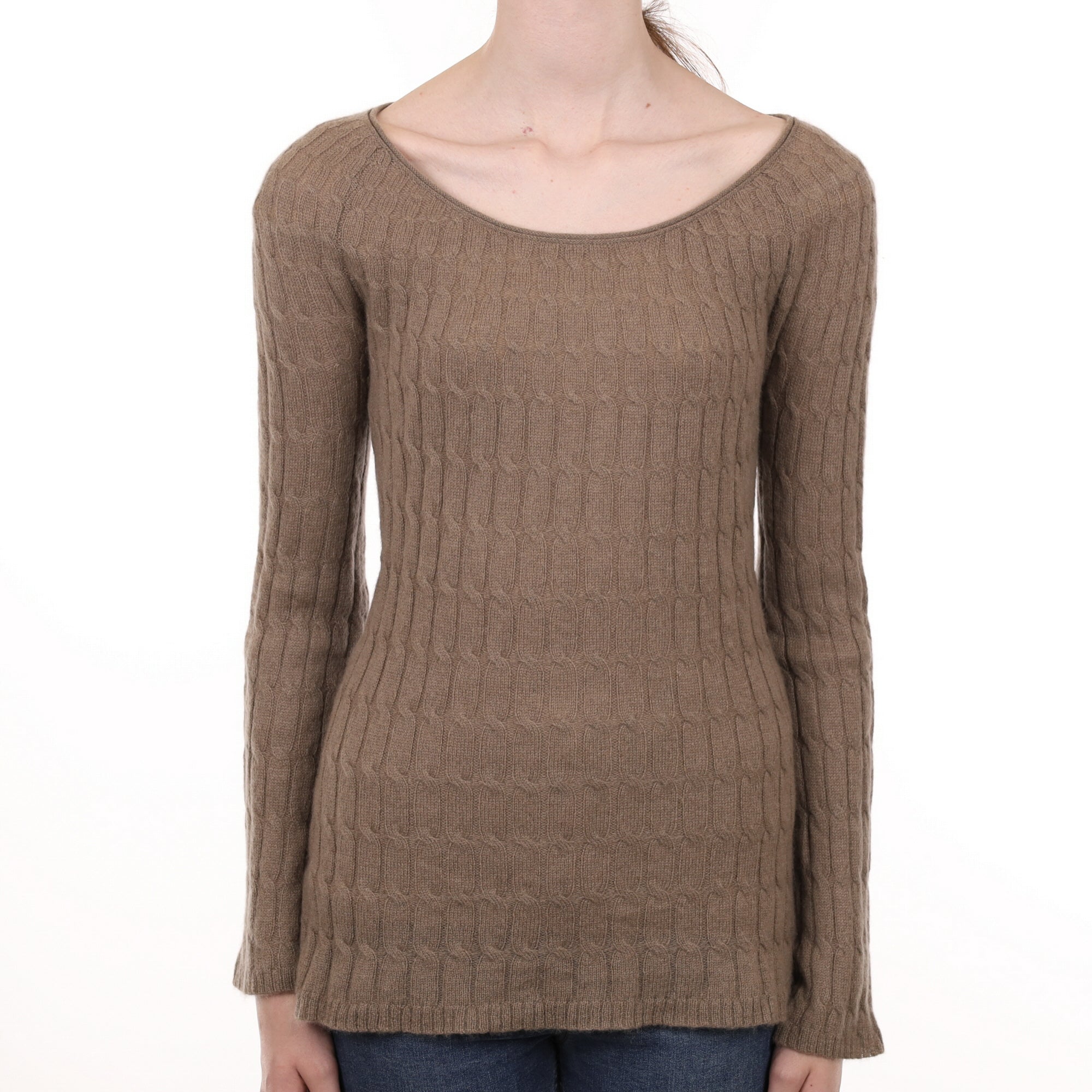 Taupe Brown Cashmere Crew Neck Cable Knit Jumper Extra Small