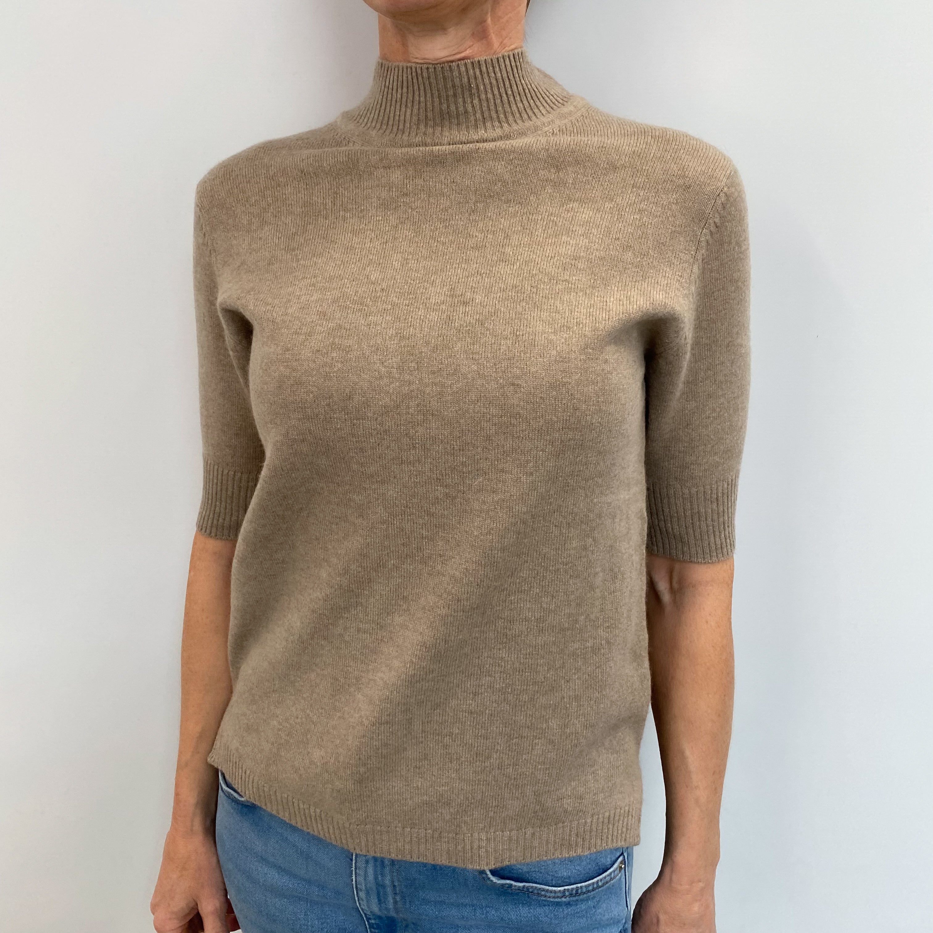 Mink Brown Cashmere Short Sleeved Turtle Neck Jumper Small
