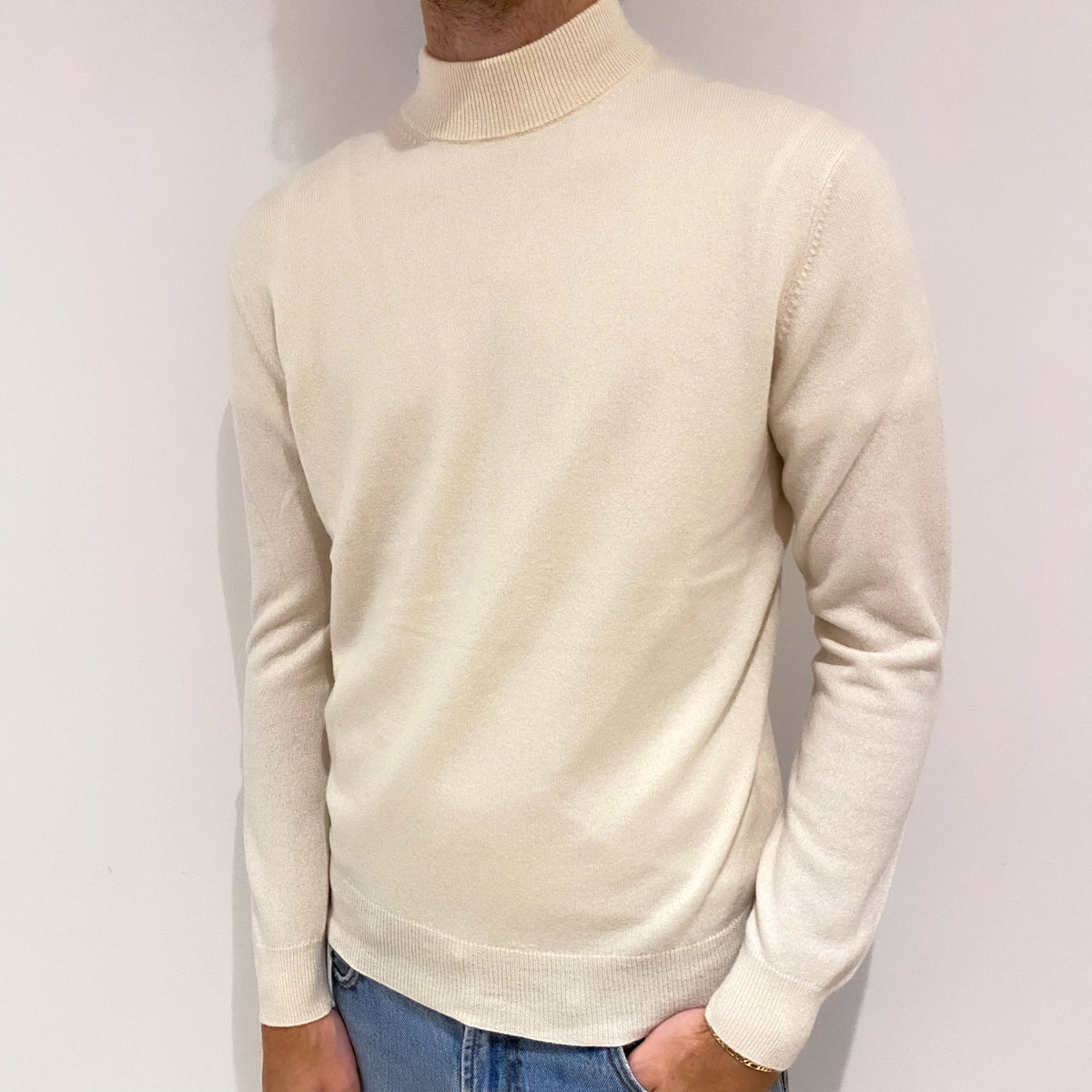 Men's Cream Cashmere Turtle Neck Jumper Large