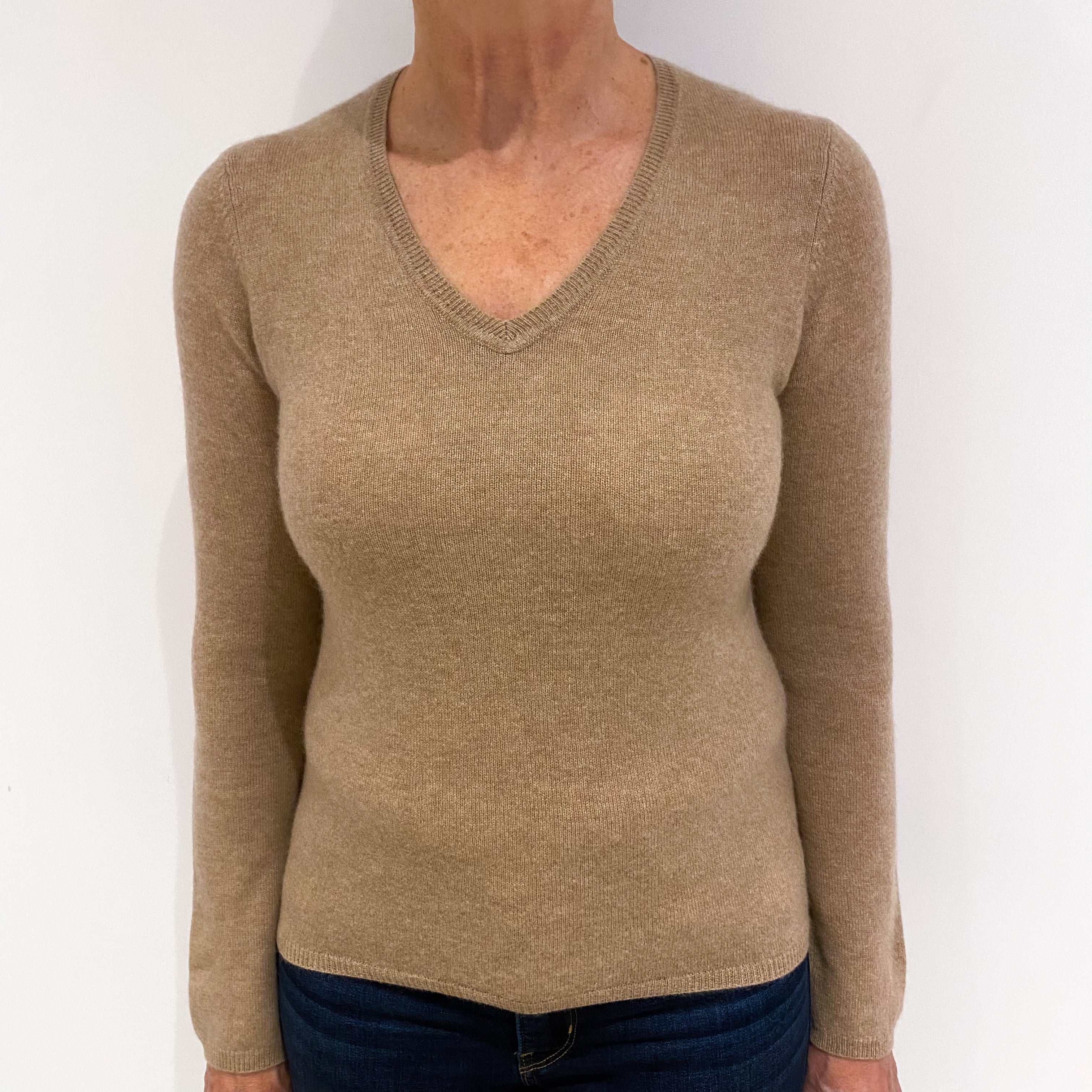 Camel Brown Cashmere V Neck Jumper Medium