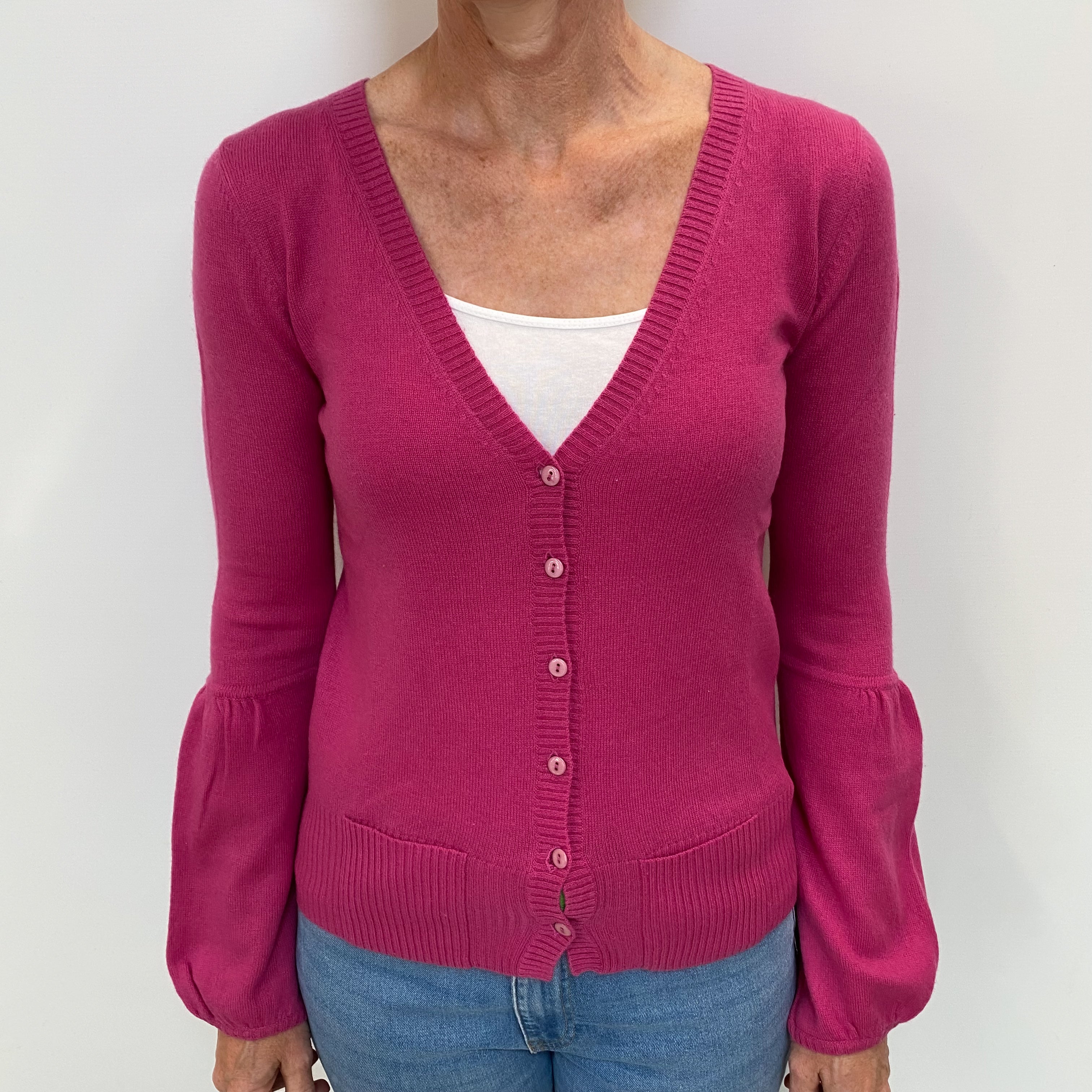 Fuchsia Pink Cashmere V Neck Cardigan Small