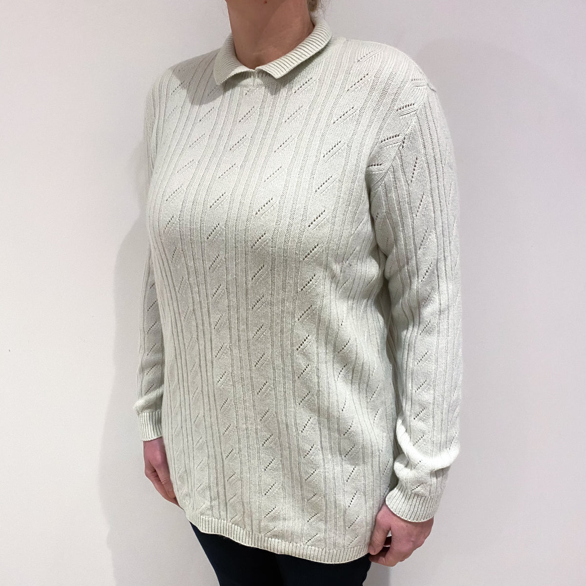Celery Green Cashmere Collared Crew Neck Jumper Large