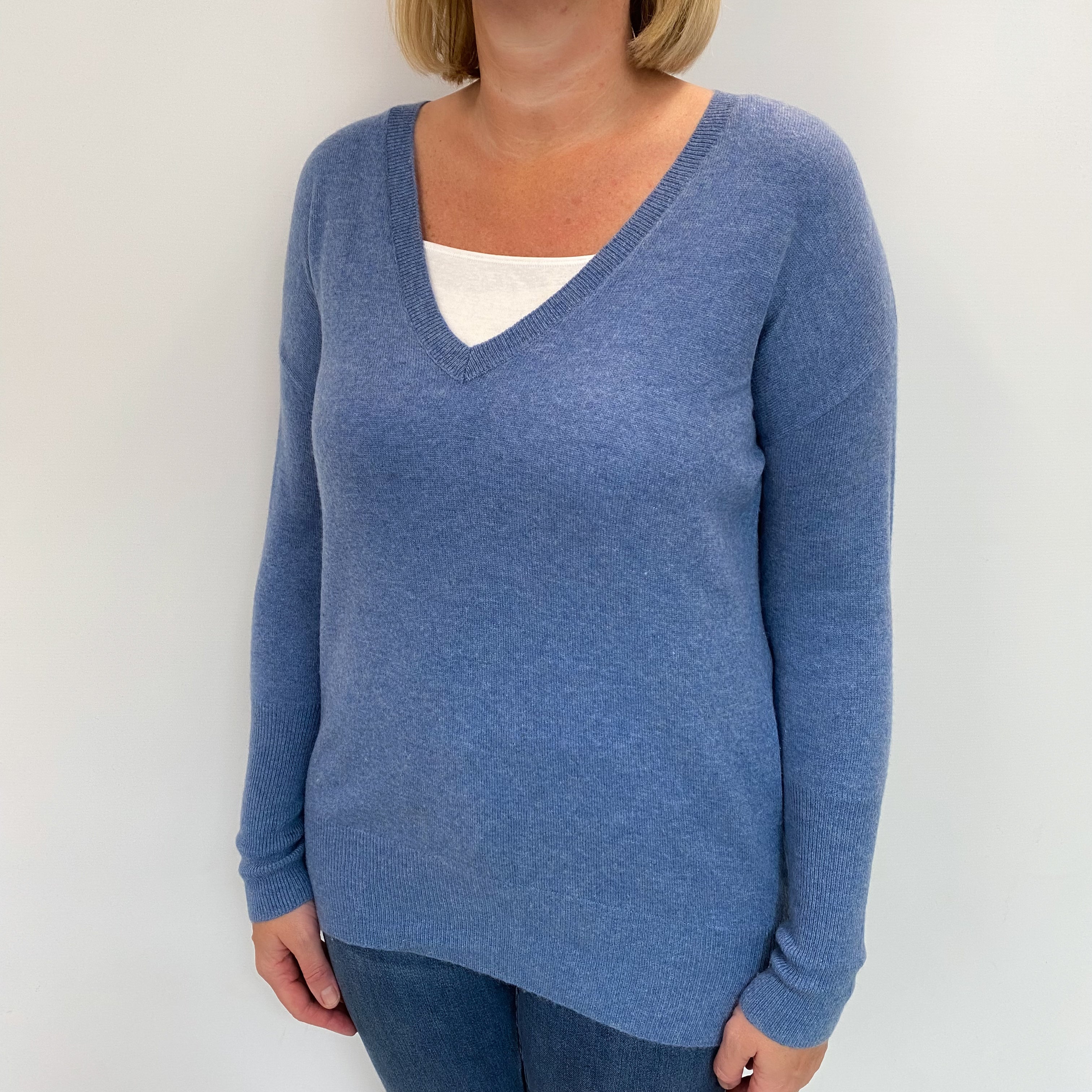 Denim Blue Cashmere V Neck Jumper Large