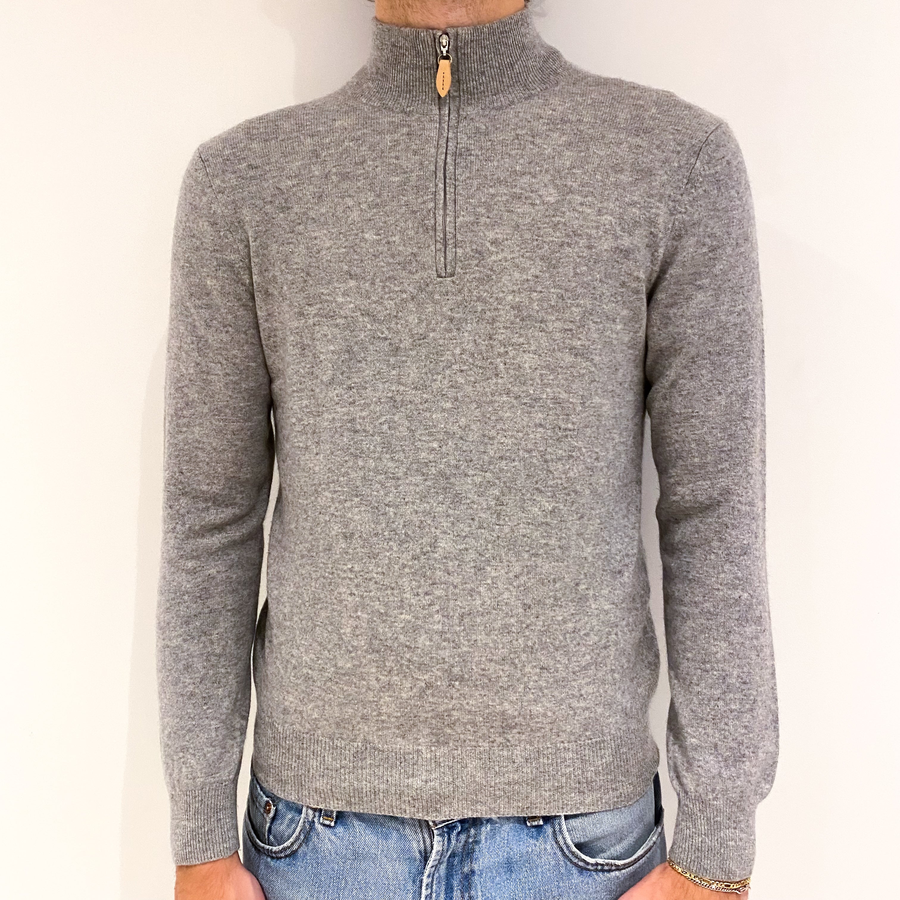 Men's Smoke Grey Cashmere Quarter Zip Jumper Medium