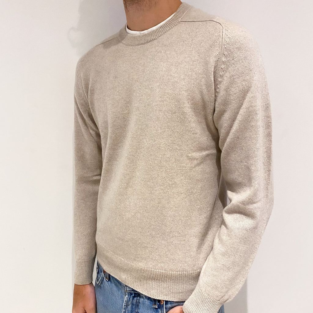 Men's Oatmeal Beige Cashmere Crew Neck Jumper Large