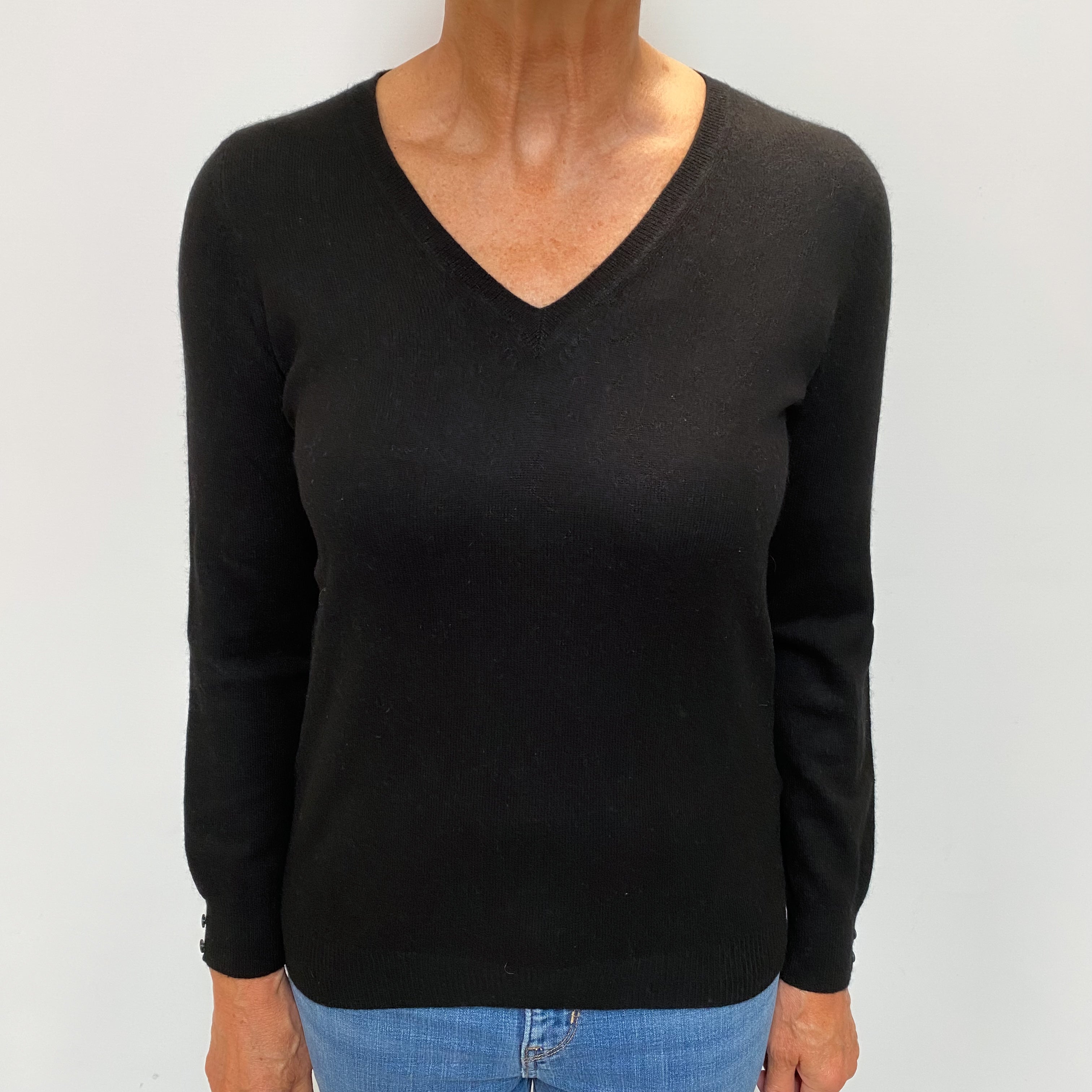 Black Cashmere Buttoned Cuff V Neck Jumper Medium