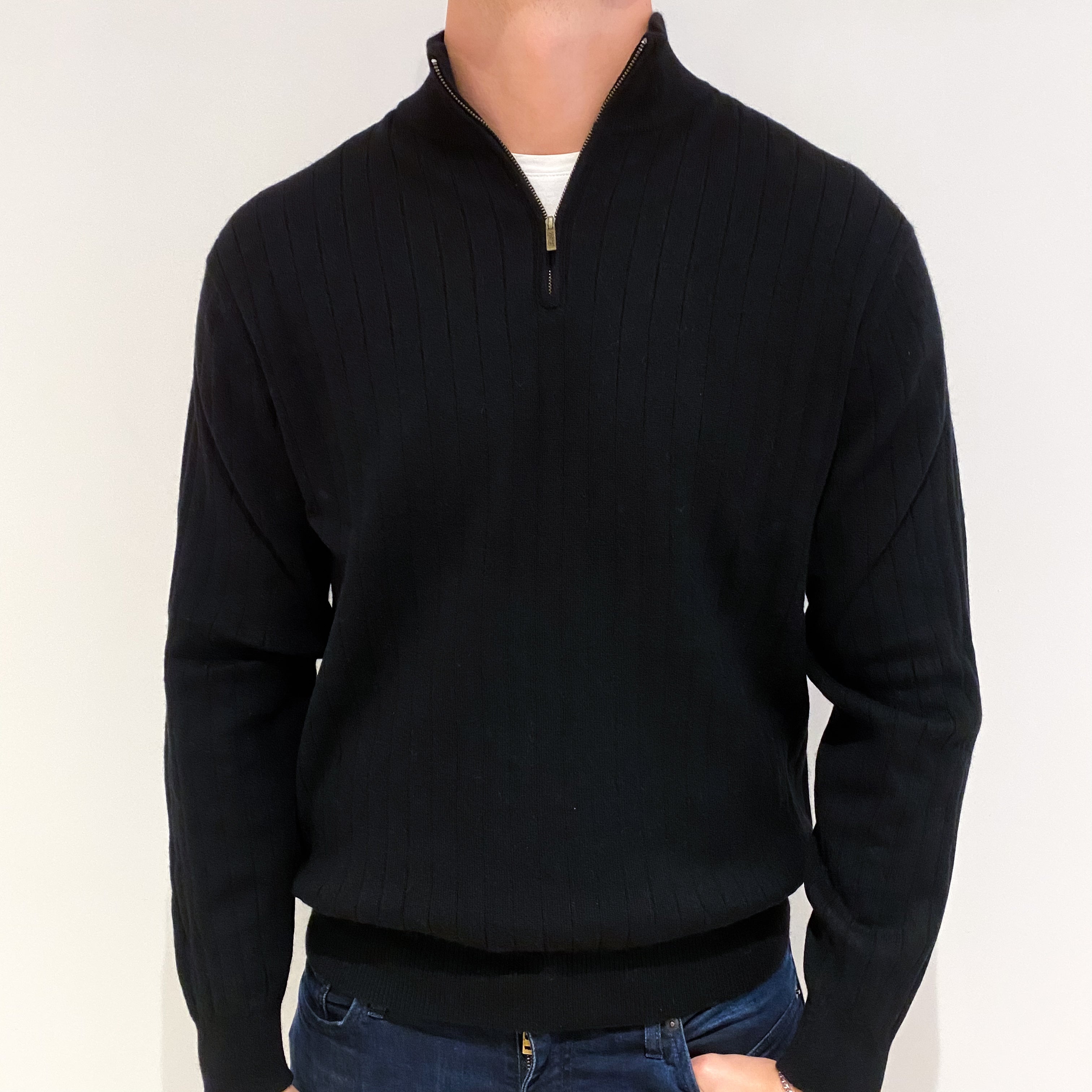 Men's Black Cashmere 1/4 Zip Jumper Extra Large