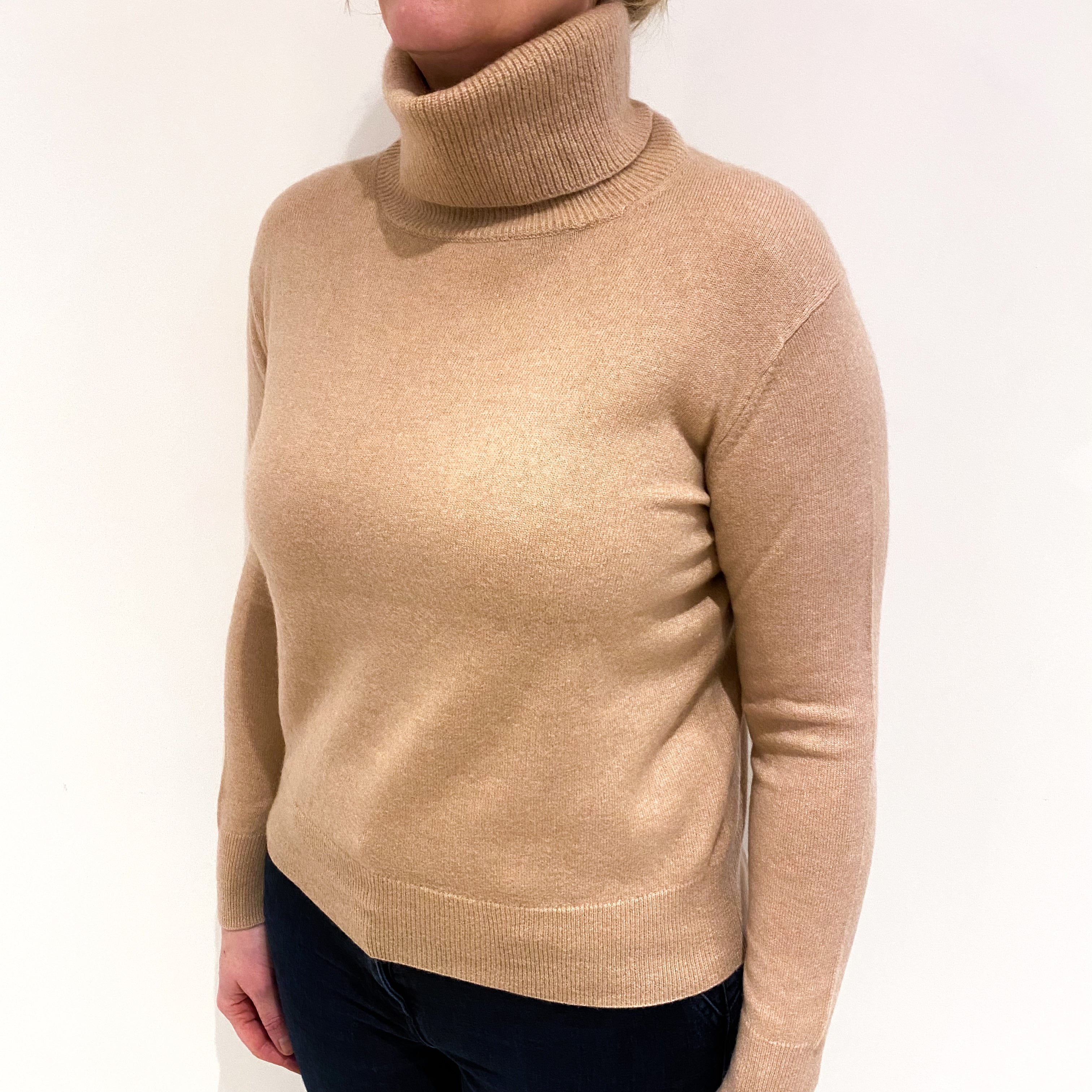 Nude Beige Cashmere Polo Neck Jumper Large