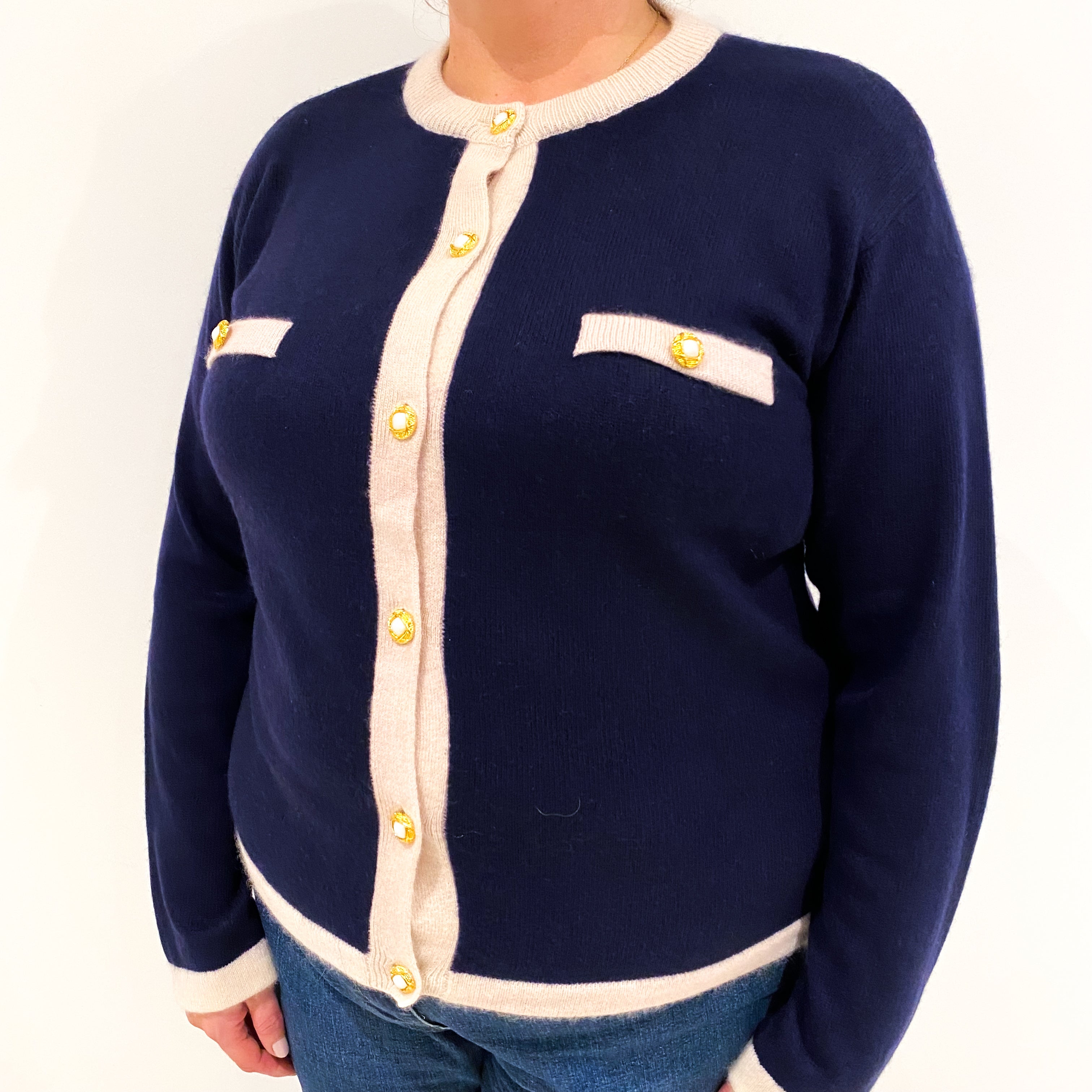 Navy Blue Cashmere Crew Neck Cardigan with Ice Pink Edging Extra Large
