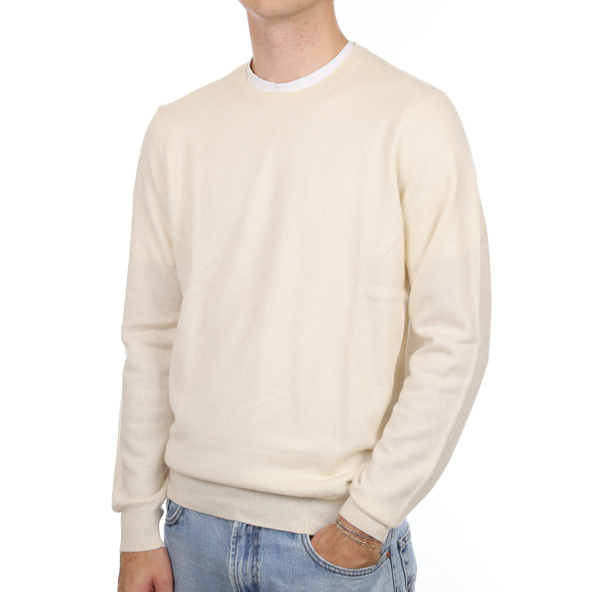 Men's Vanilla Cream Cashmere Crew Neck Jumper Large