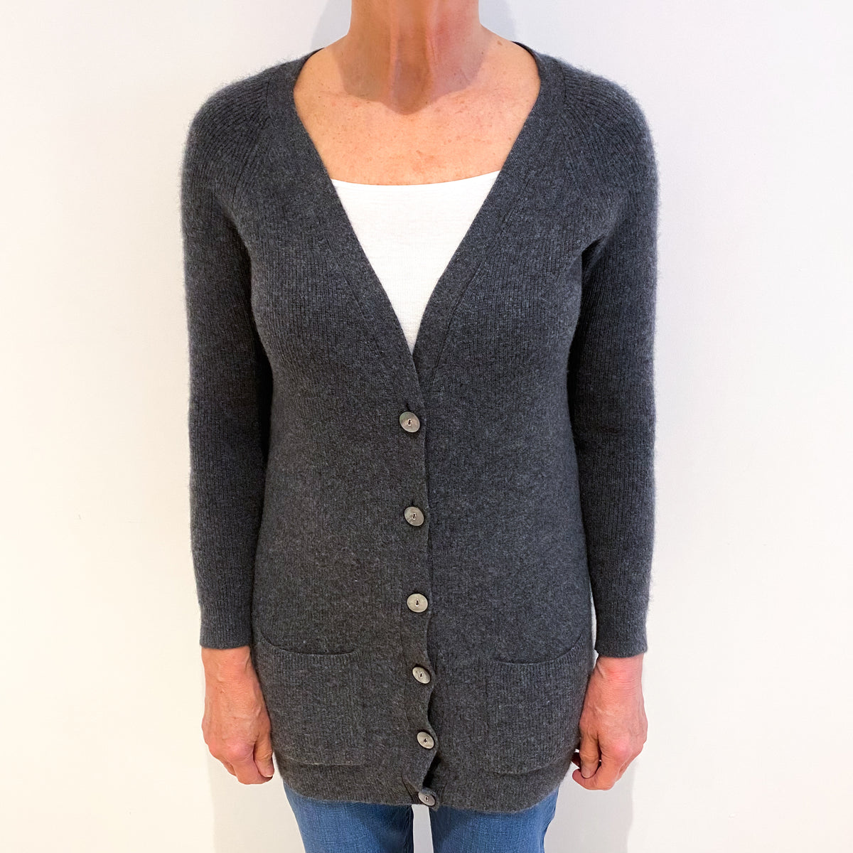 Slate Grey Cashmere Longline Cardigan With Pockets Medium