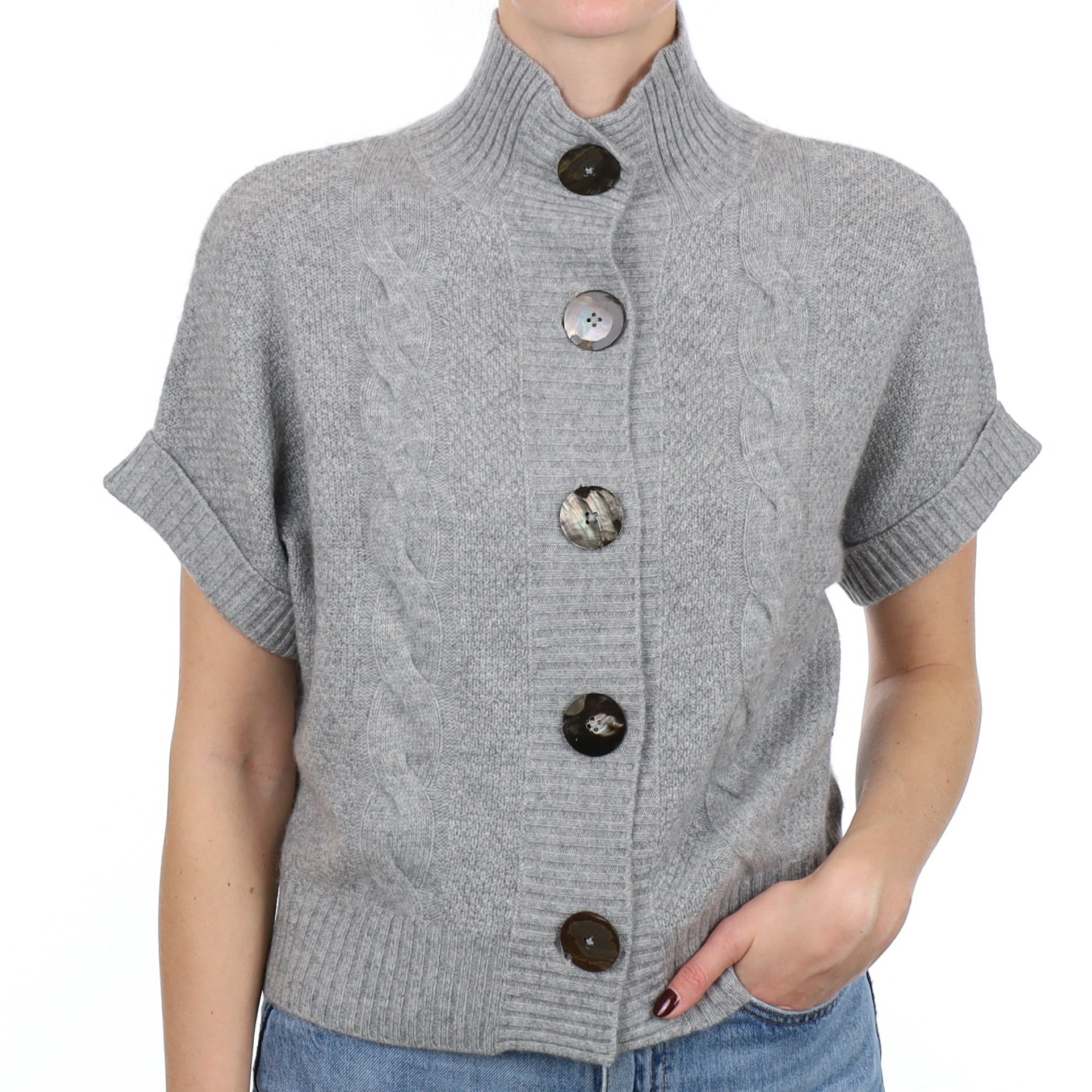 New Smoke Grey Textured Cashmere Short Sleeve Turtle Neck Cardigan Small