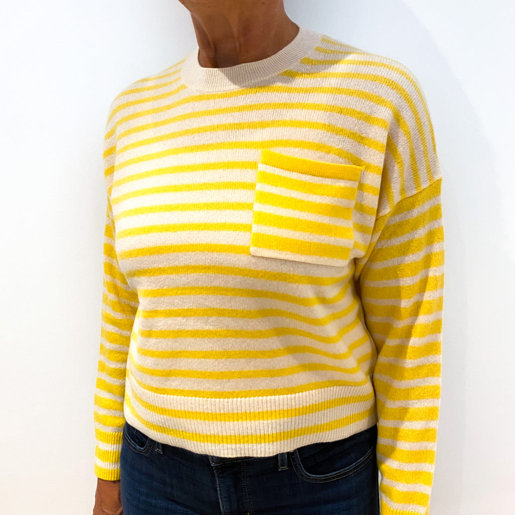 Cream Yellow Striped Boxy Cashmere Crew Neck Jumper Medium