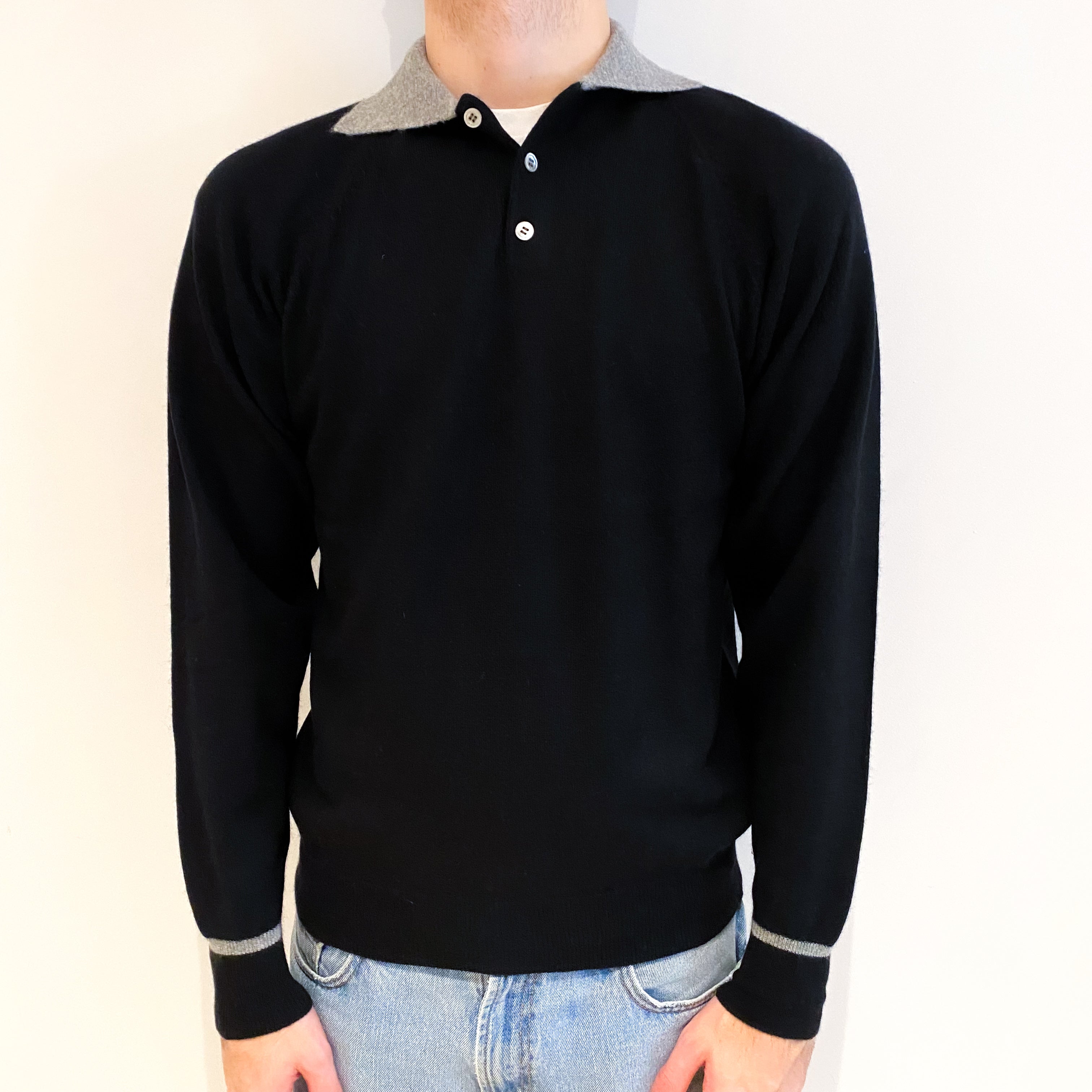 Men's Black And Grey Cashmere Button Up V Neck Jumper Medium