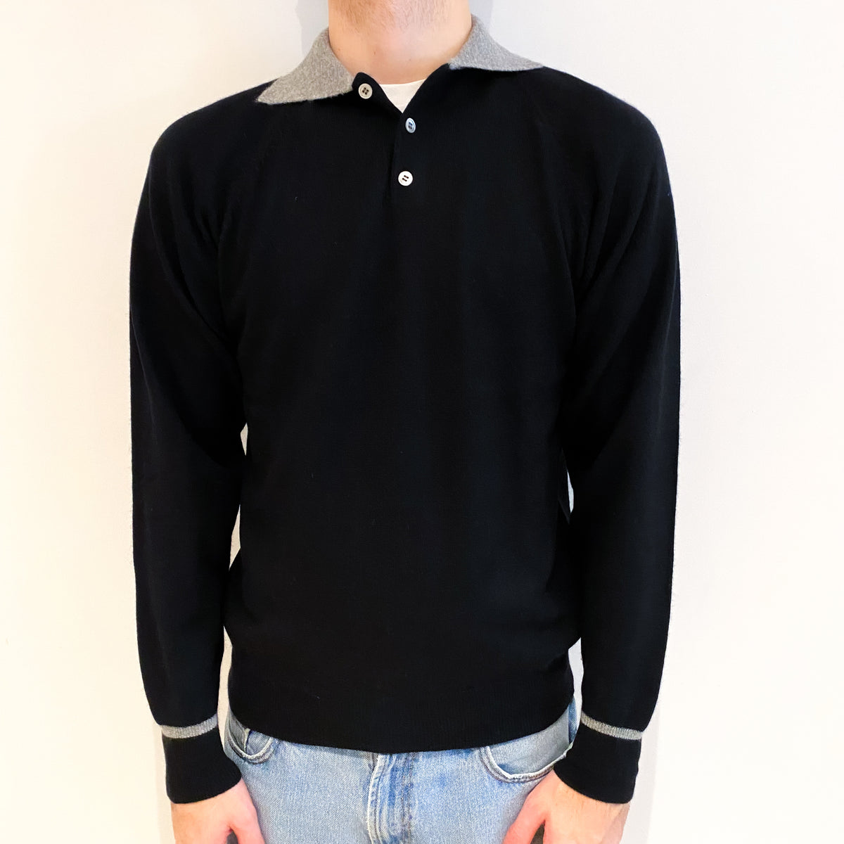 Men's Black And Grey Cashmere Button Up V Neck Jumper Medium