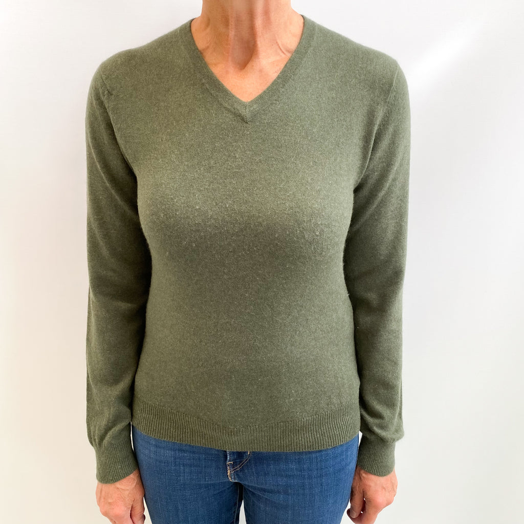 Khaki Green Cashmere V Neck Jumper Medium