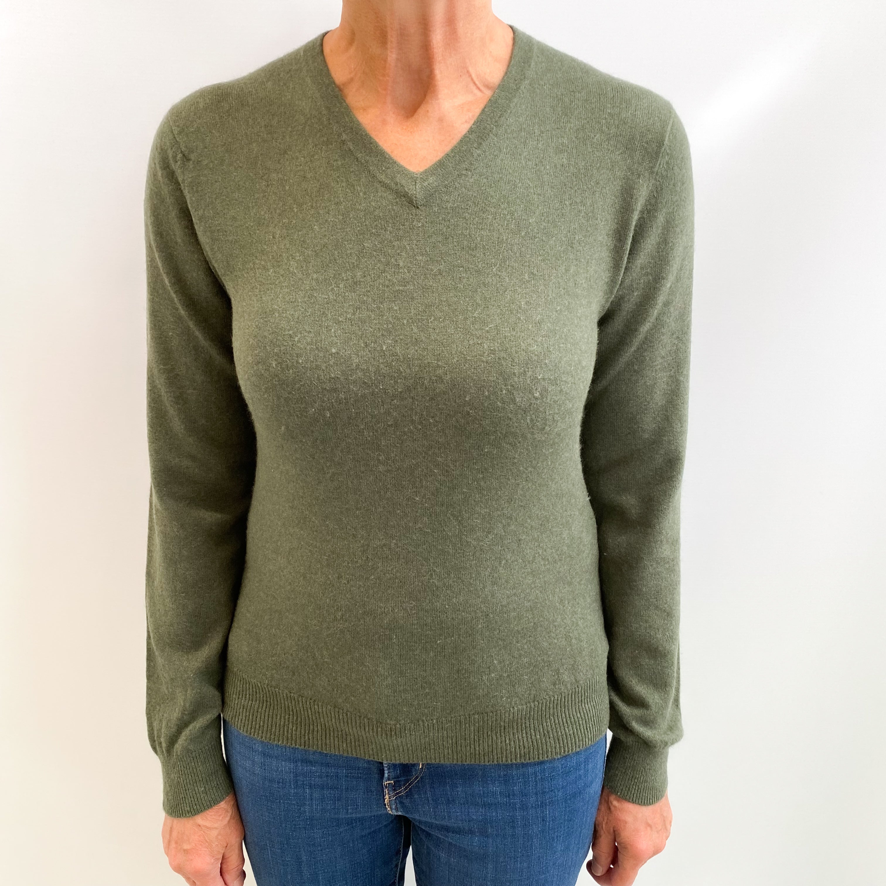 Khaki Green Cashmere V Neck Jumper Medium