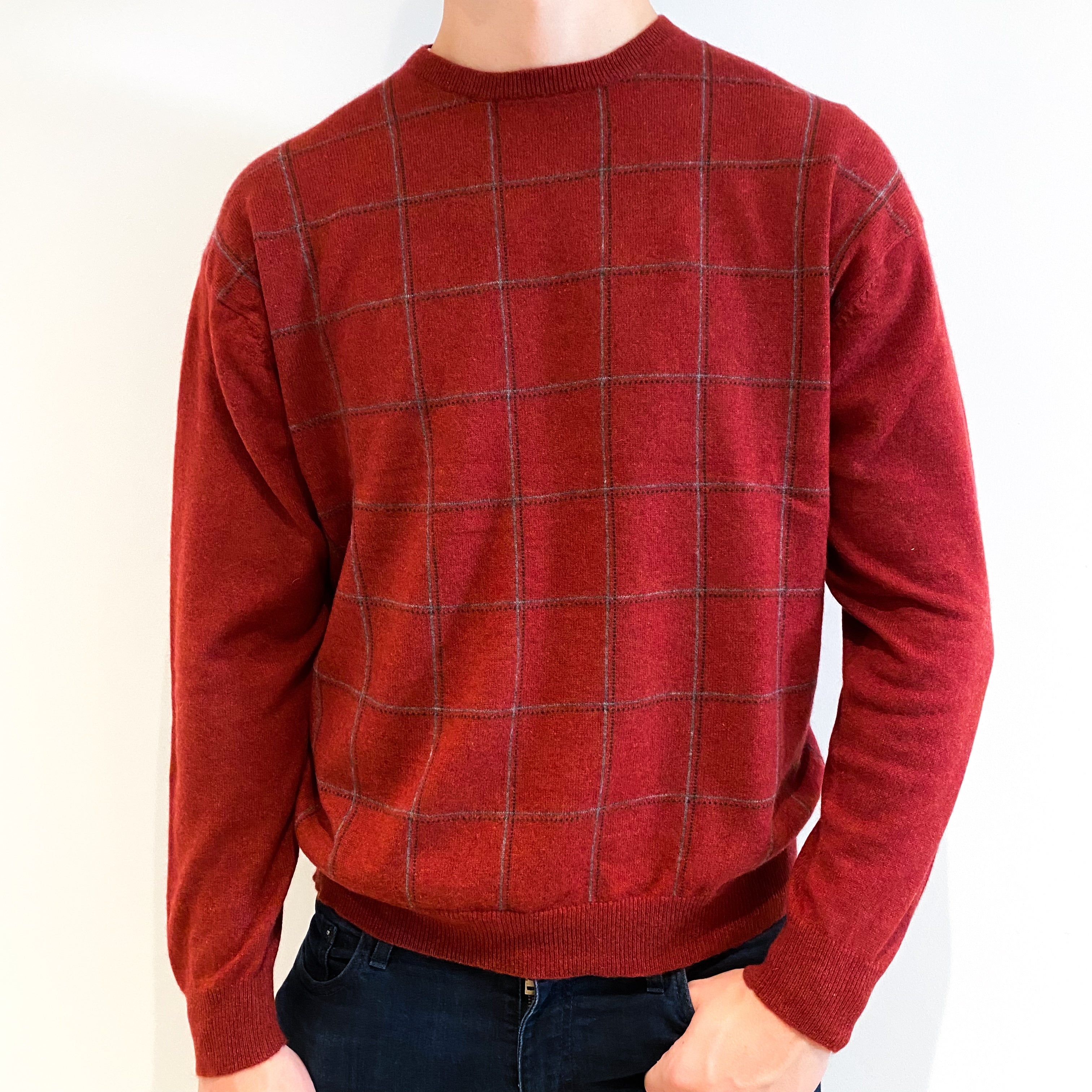 Men's Rust Red Check Cashmere Crew Neck Jumper XXL