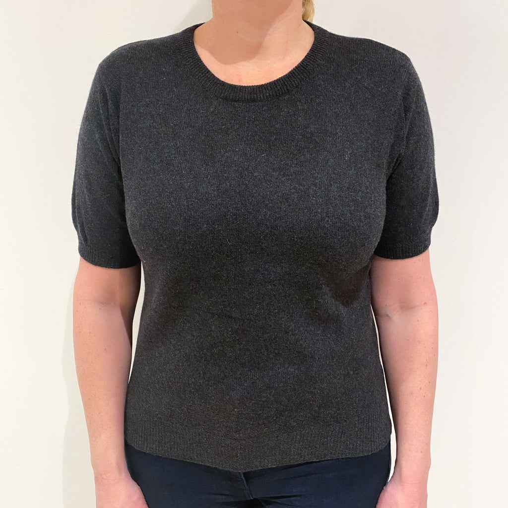 Charcoal Grey Cashmere Short Sleeved Crew Neck Jumper Large