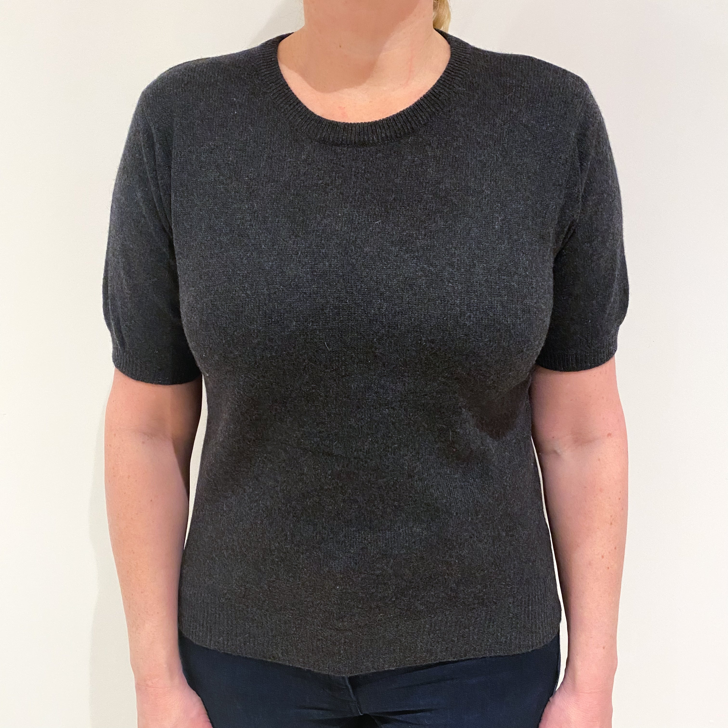 Charcoal Grey Cashmere Short Sleeved Crew Neck Jumper Large