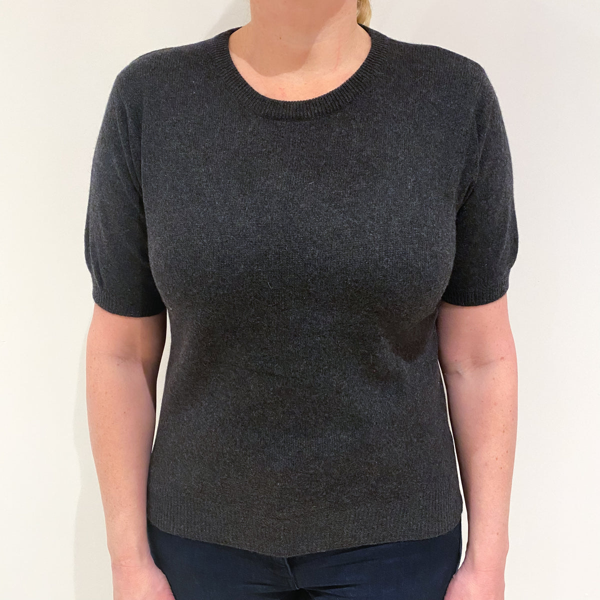 Charcoal Grey Cashmere Short Sleeved Crew Neck Jumper Large
