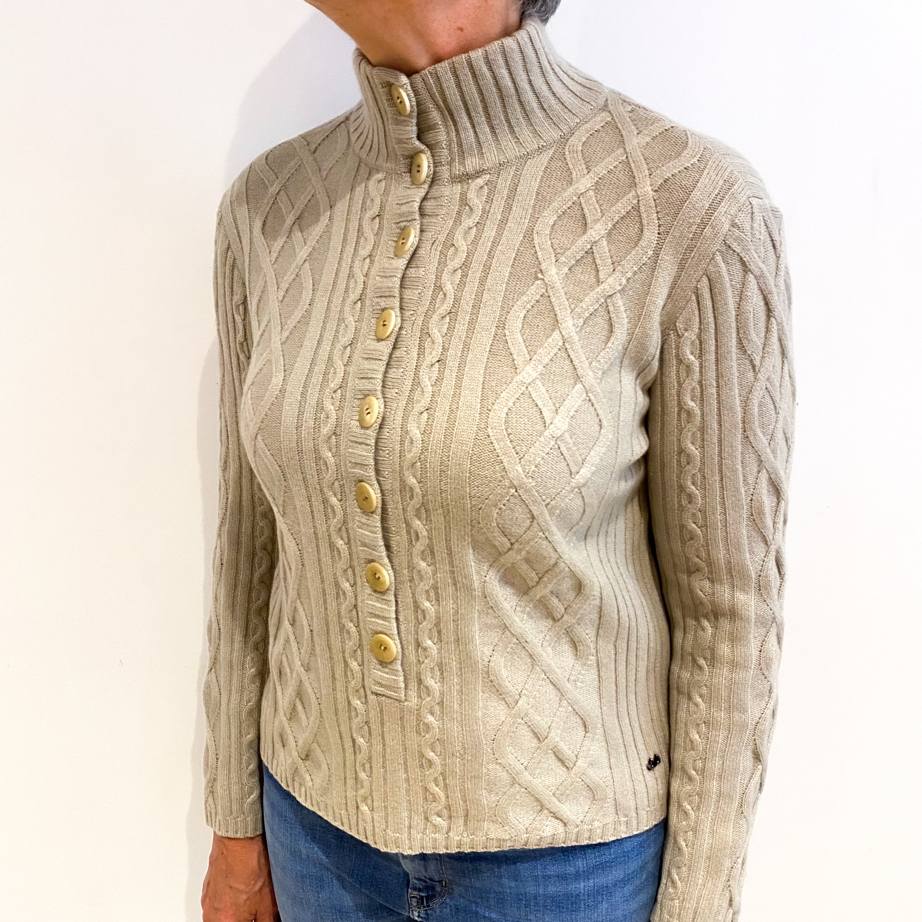 Deep Beige Cashmere Turtle Neck Cardigan Medium