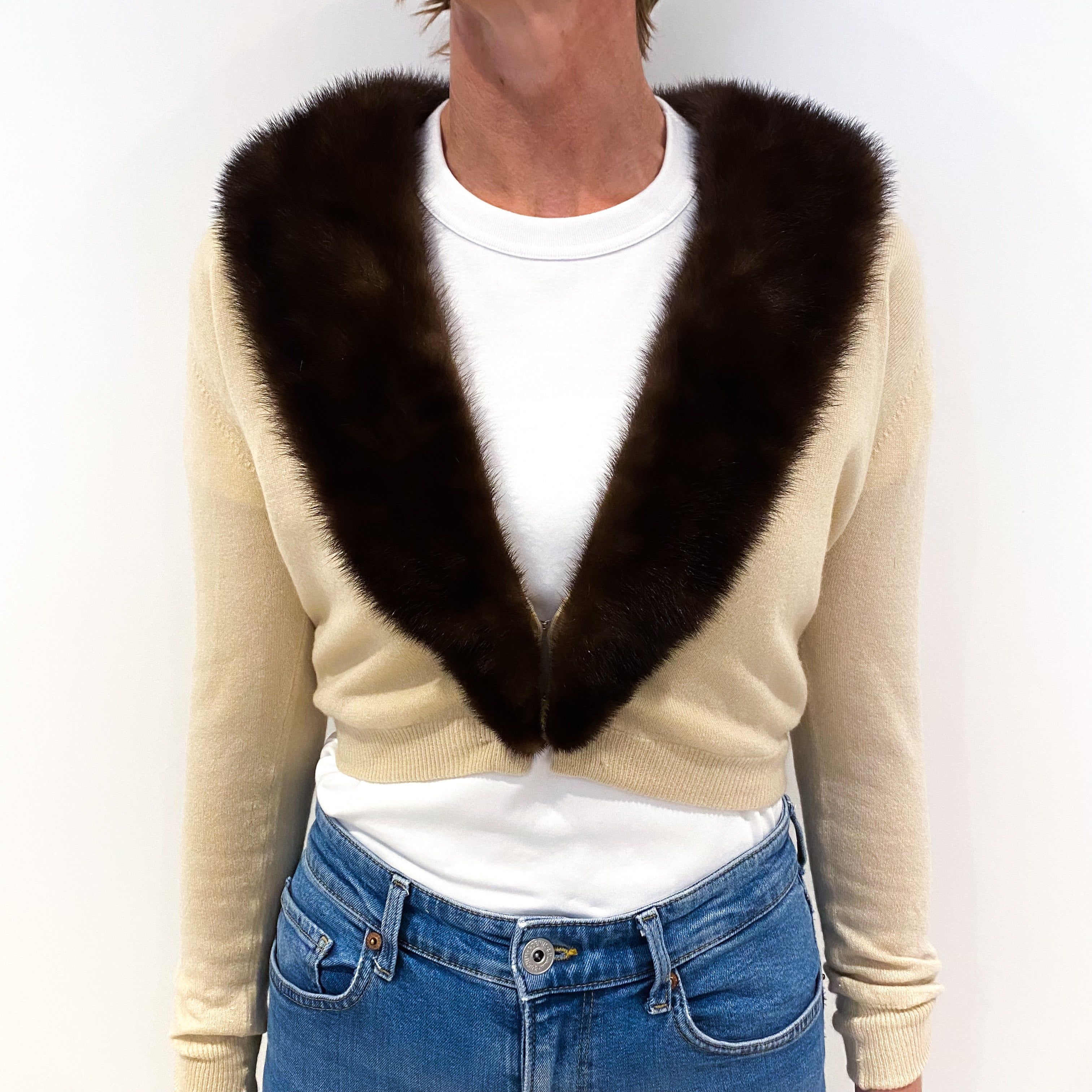 Vintage Beige Cropped Cashmere Cardigan with Detachable Fur Collar Small