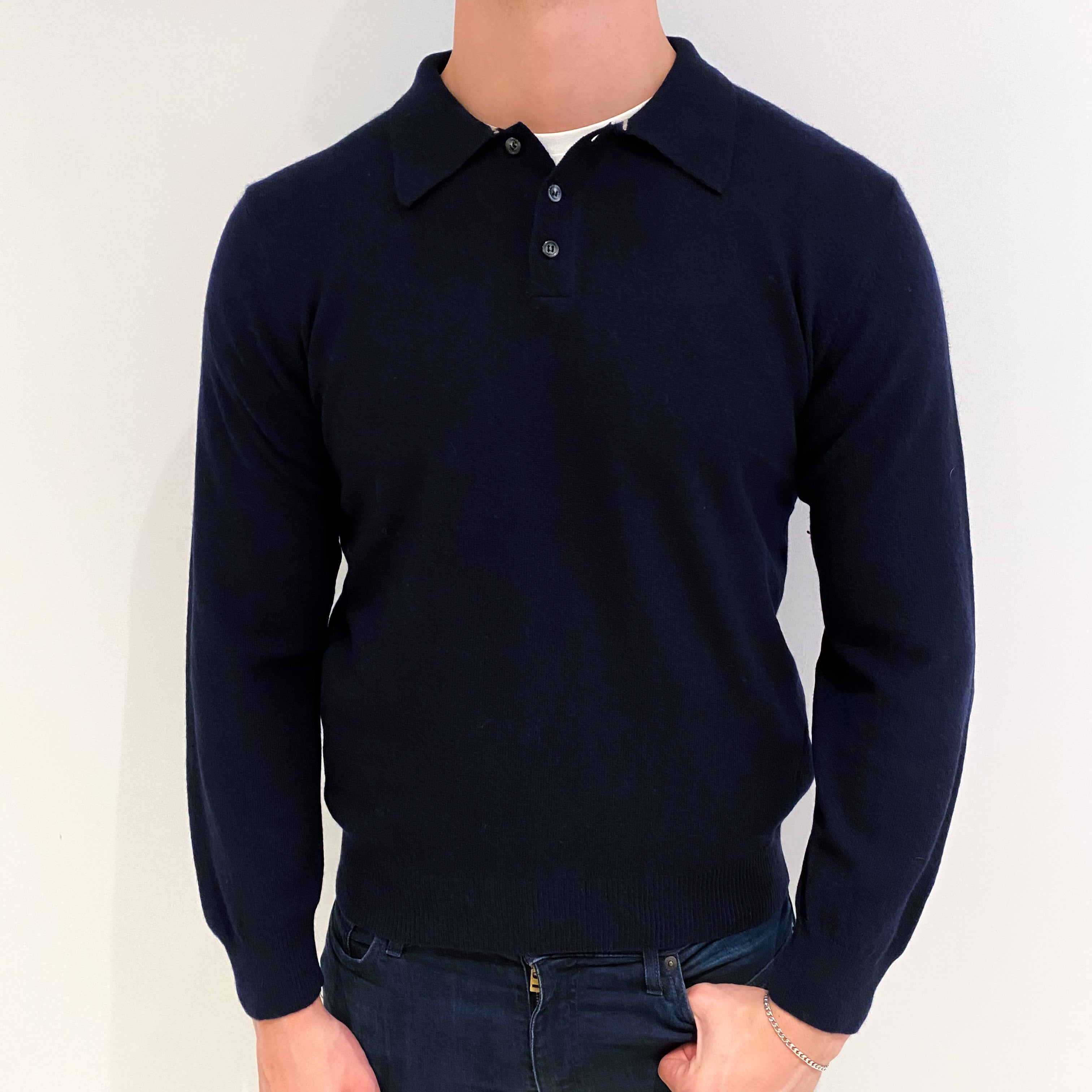 Men's Navy Blue Cashmere V Neck Jumper XL
