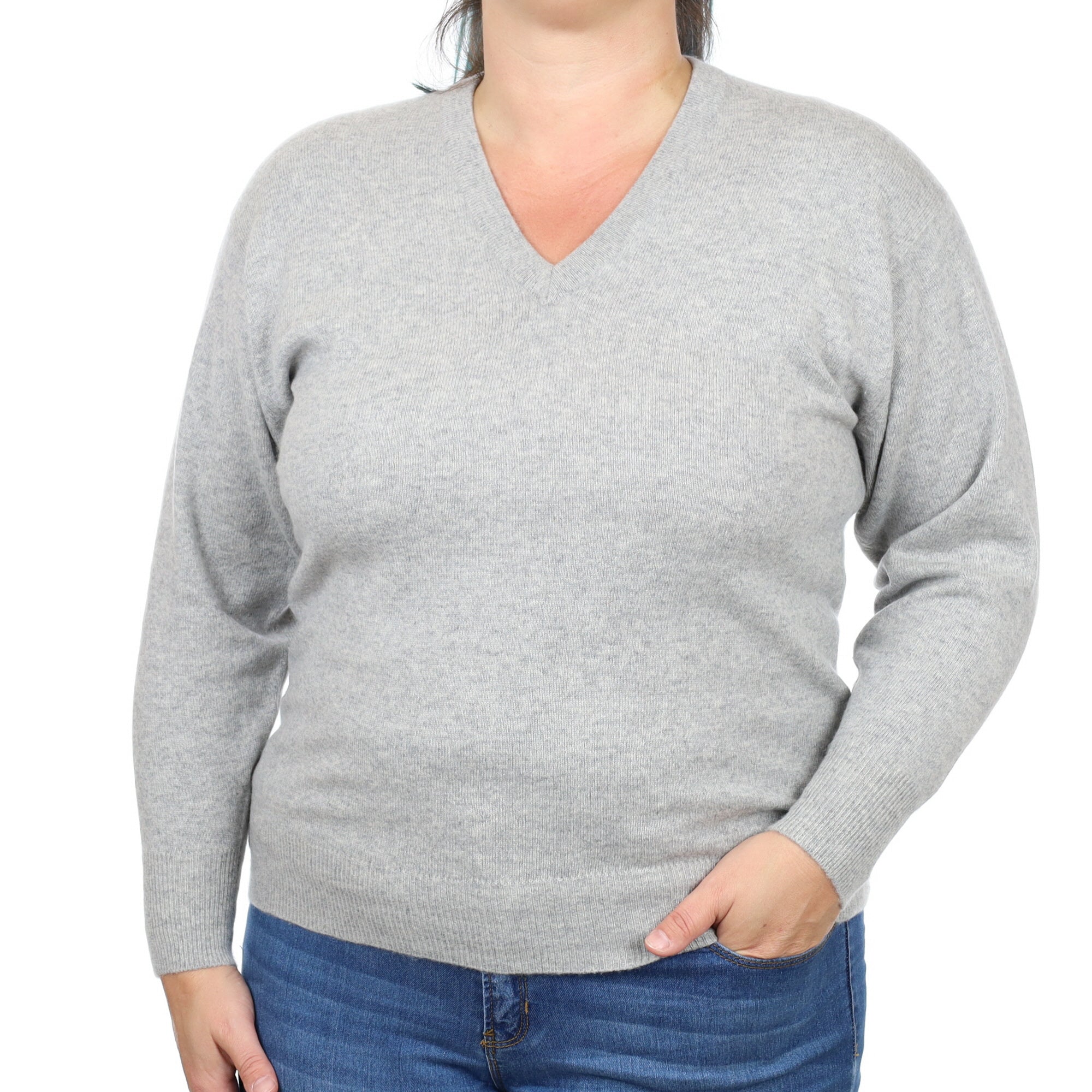 Smoke Grey Cashmere V Neck Jumper Large