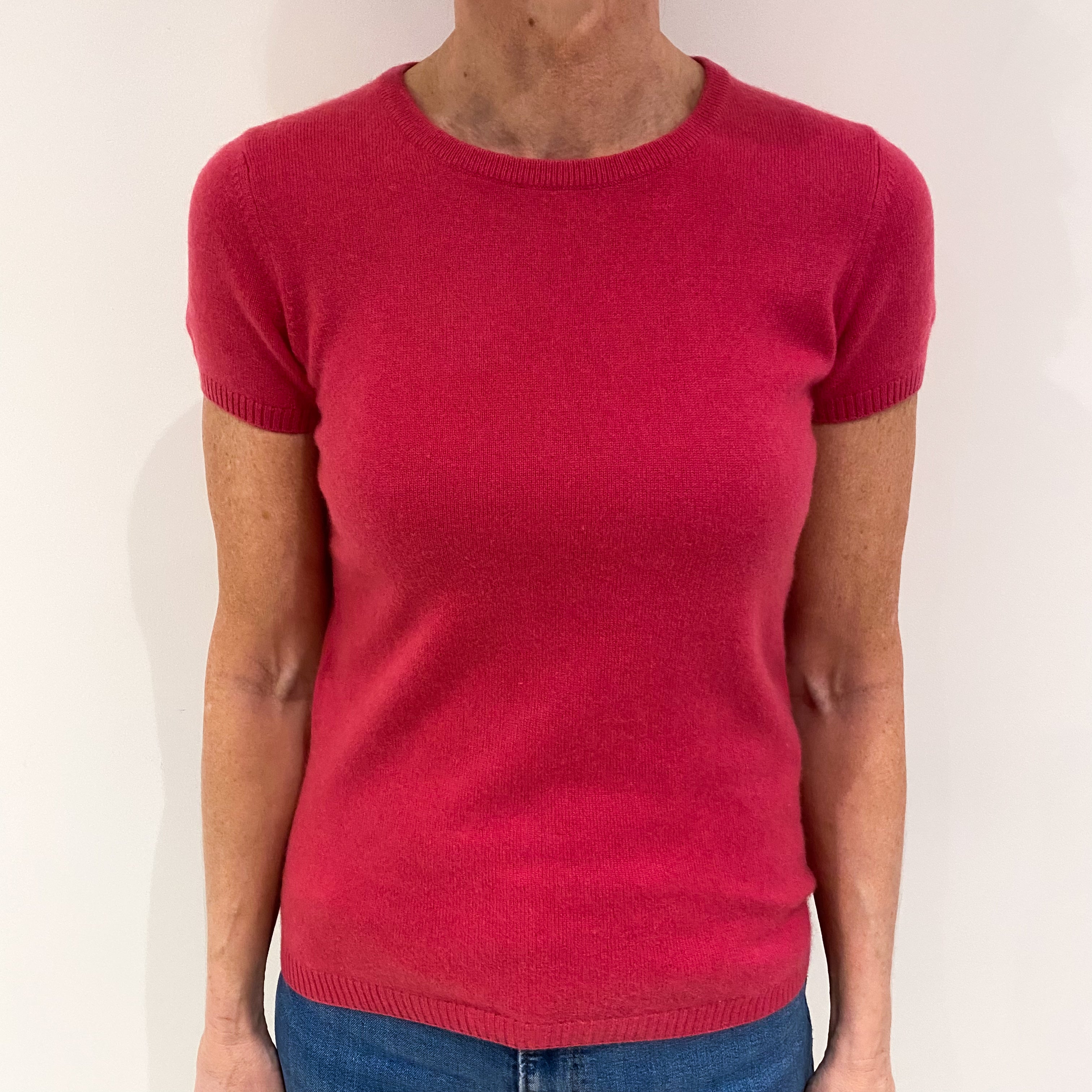 Raspberry Pink Cashmere Short Sleeved Crew Neck Jumper Small