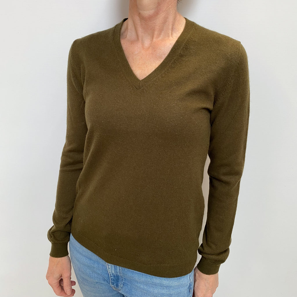 Deep Khaki Green Cashmere V Neck Jumper Small
