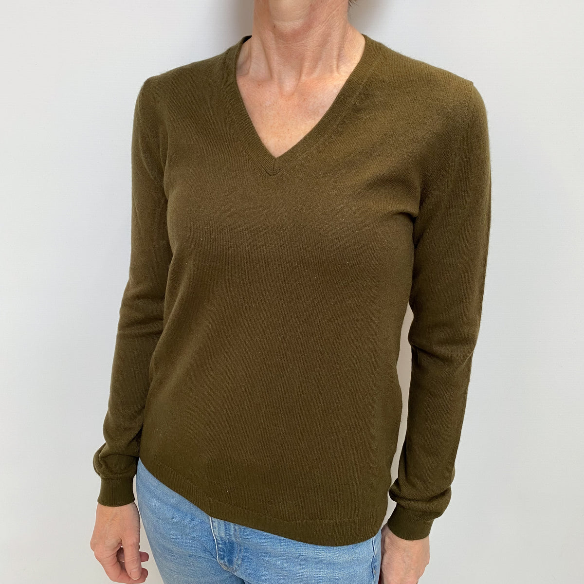 Deep Khaki Green Cashmere V Neck Jumper Small