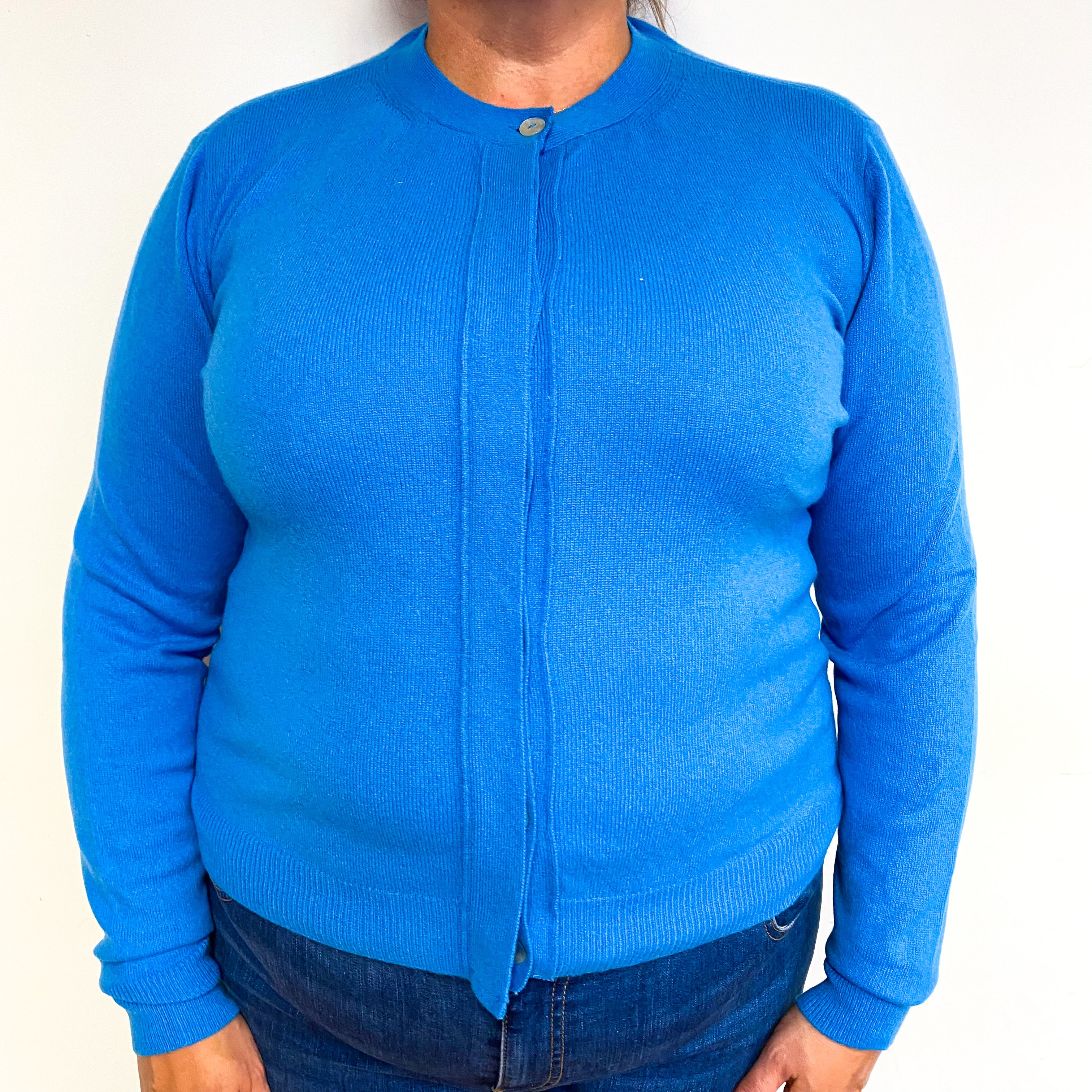 Italian Ocean Blue Cashmere Crew Neck Cardigan Extra Large