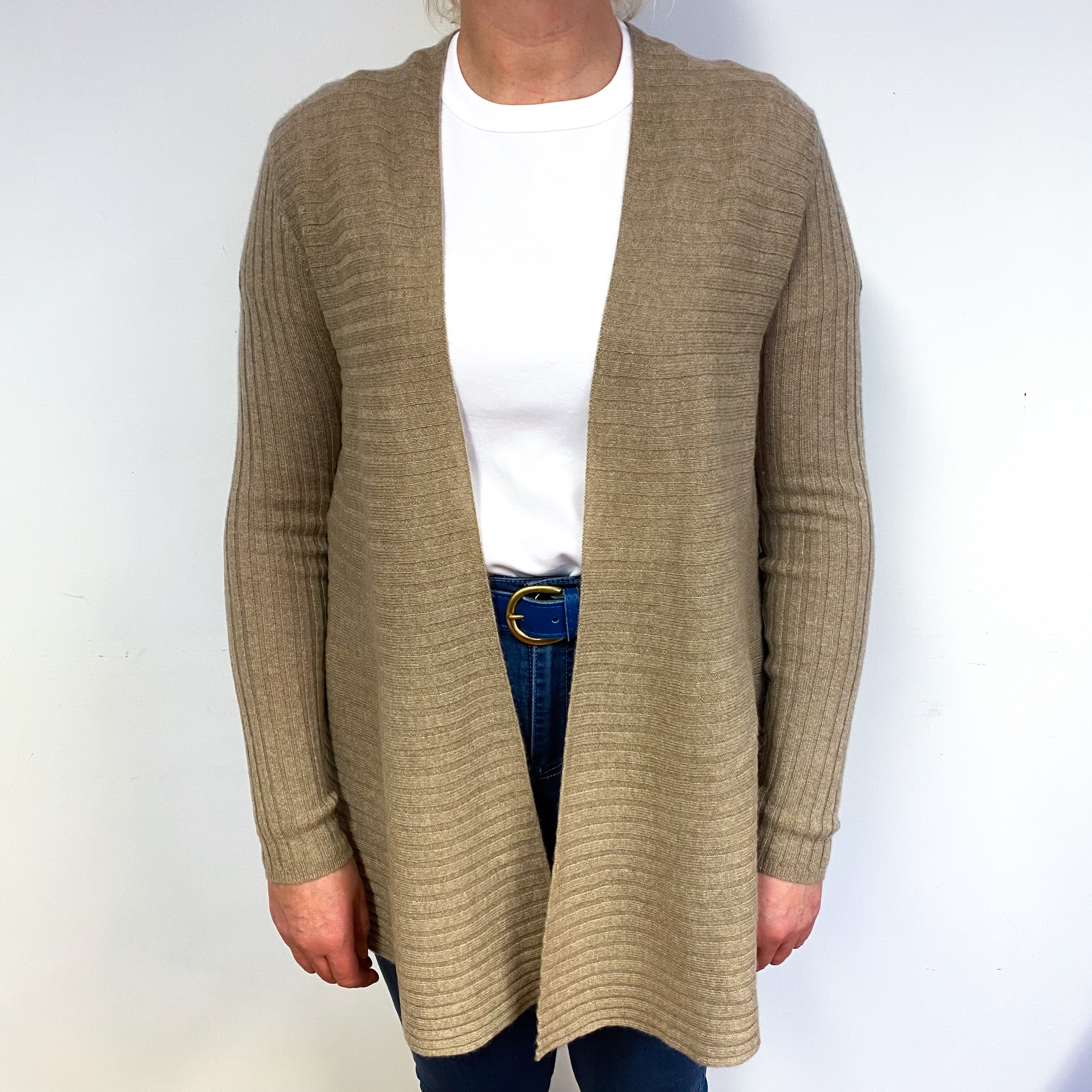 Taupe Brown Ribbed Cashmere Edge to Edge Cardigan Large