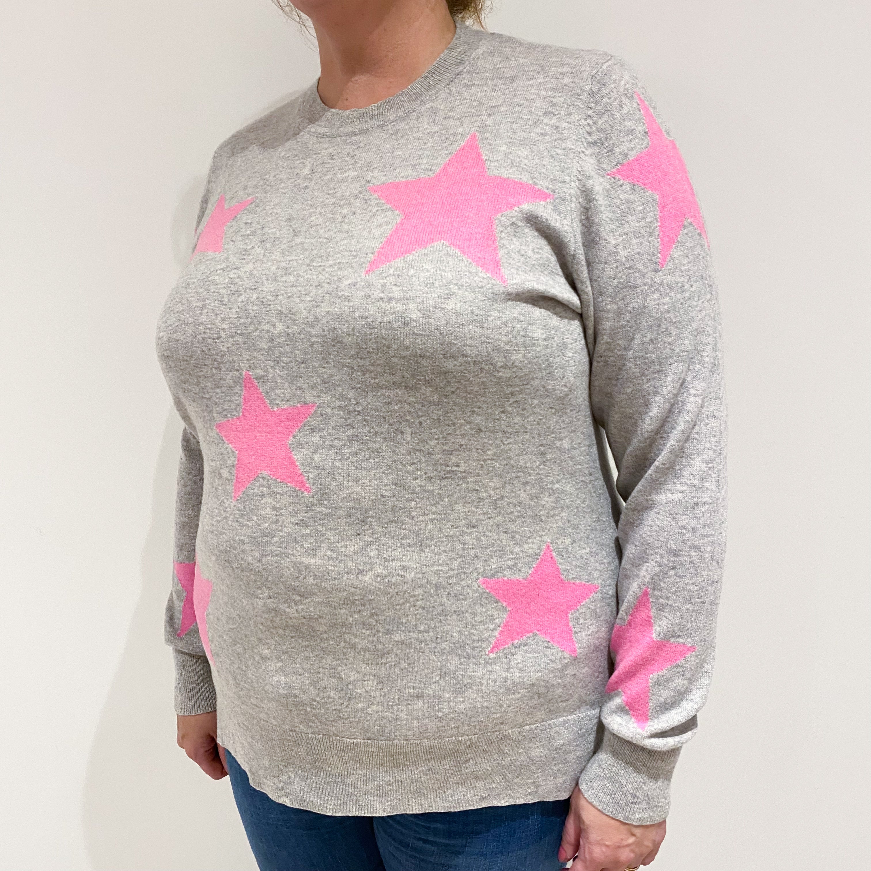 Smoke Grey Star Patterned Cashmere Crew Neck Jumper Extra Large