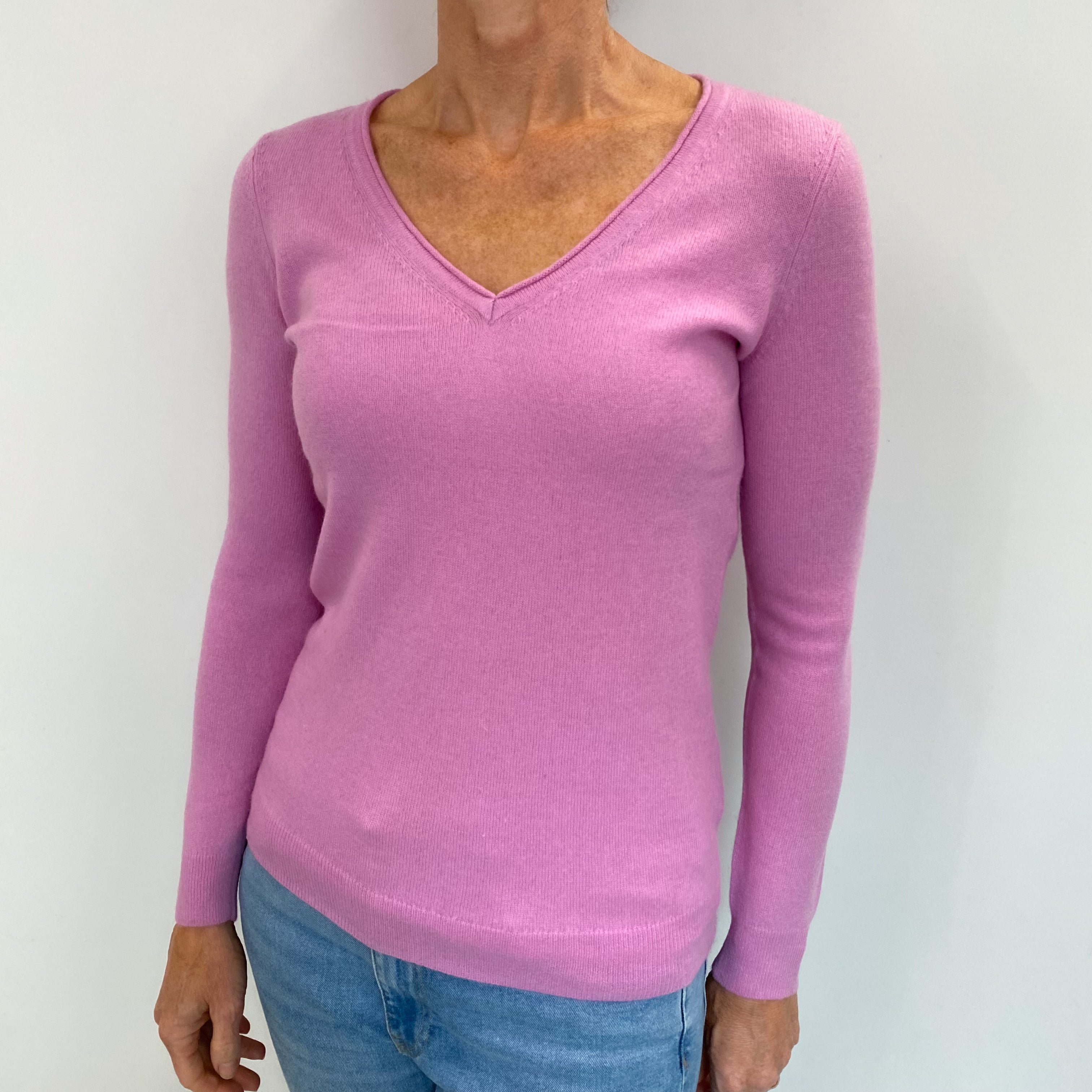 Mauve Pink Cashmere V Neck Jumper Small