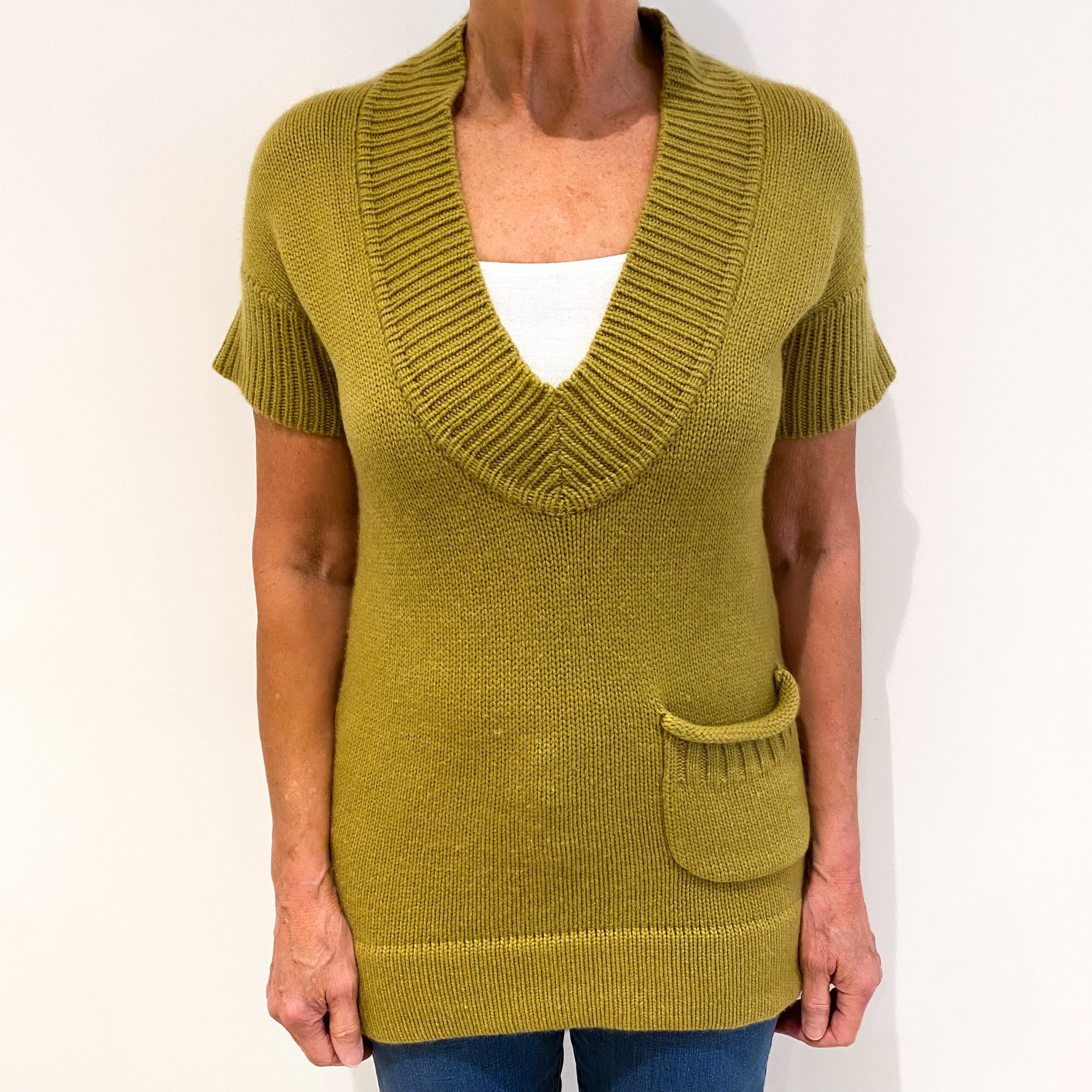 Moss Green Chunky Cashmere V Neck Jumper Medium