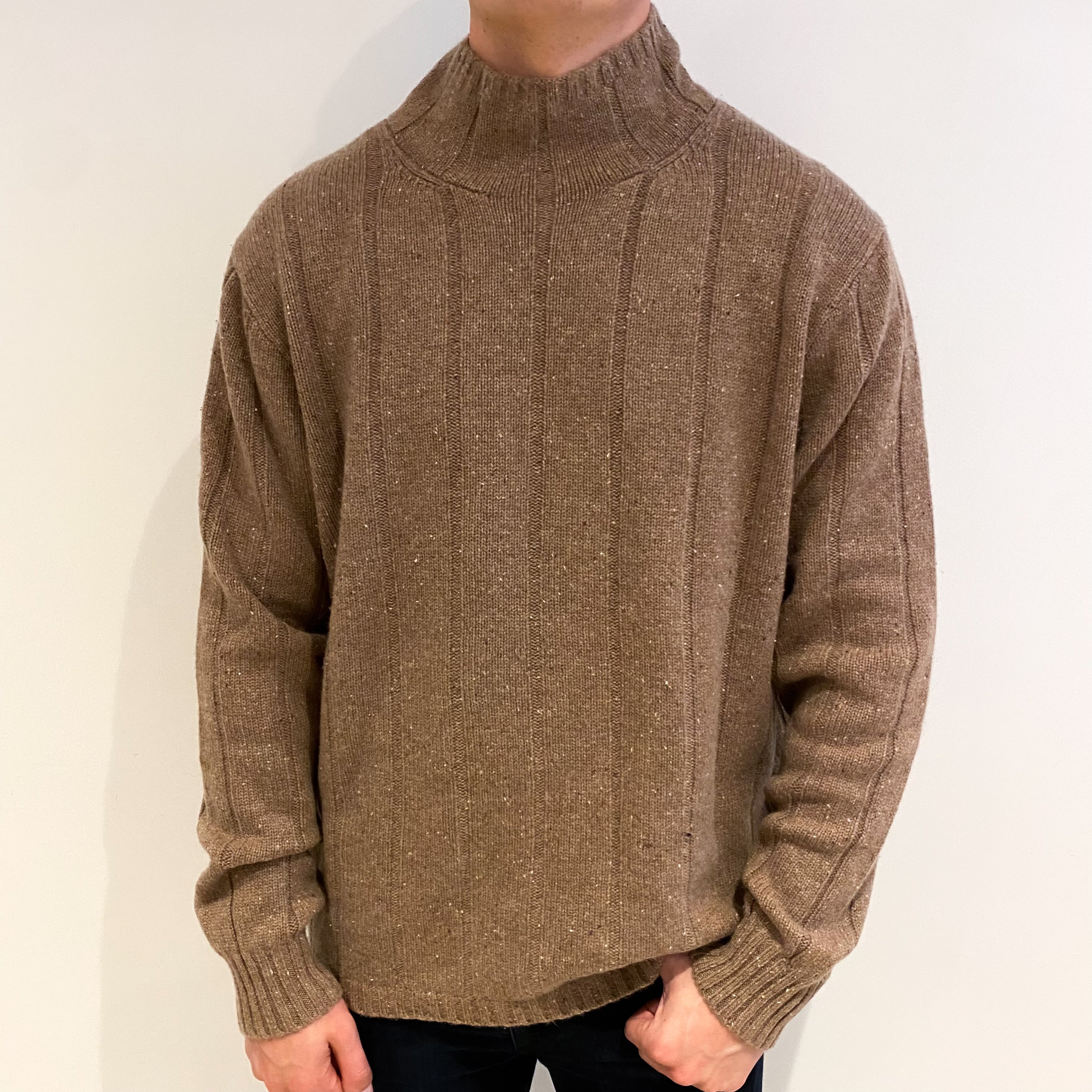Men's Nutmeg Brown Cashmere Funnel Neck Jumper XL