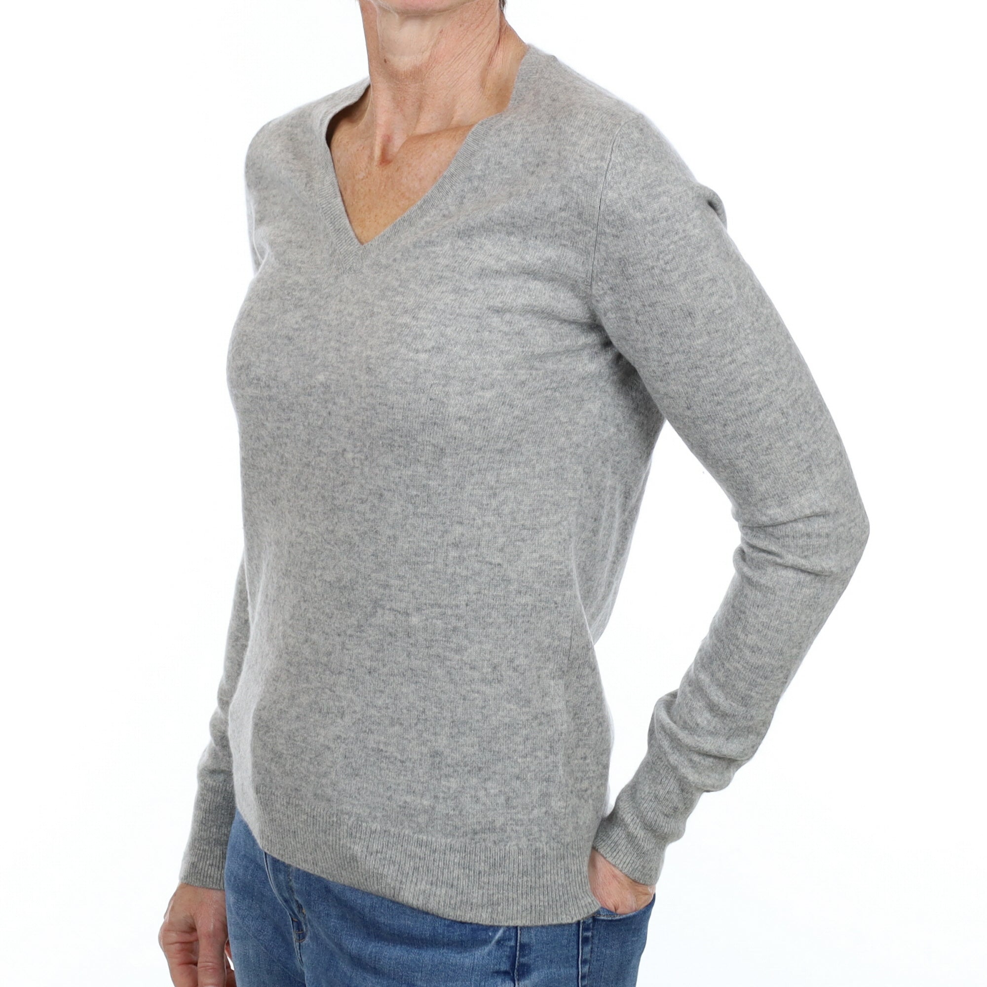 Smoke Grey Cashmere V Neck Jumper Small