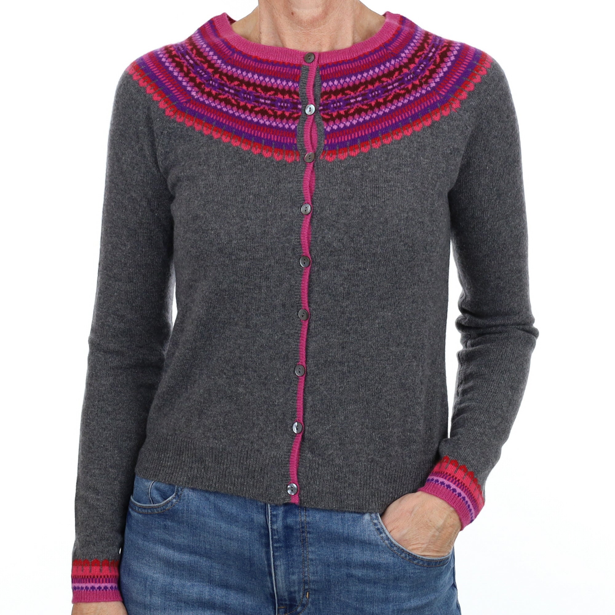 New Grey and Pink Fair Isle Cashmere Crew Neck Cardigan Small