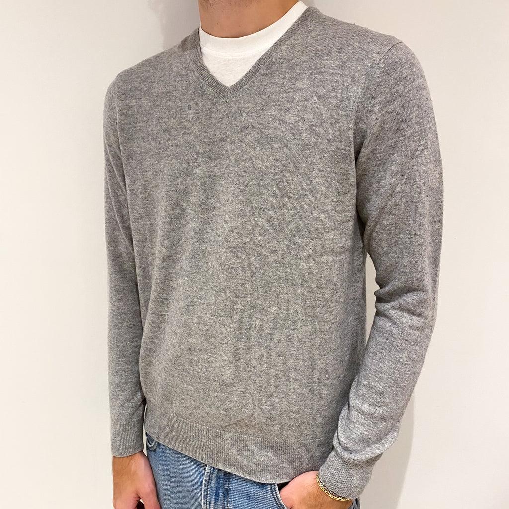 Men's Slate Grey Cashmere V-Neck Jumper Large