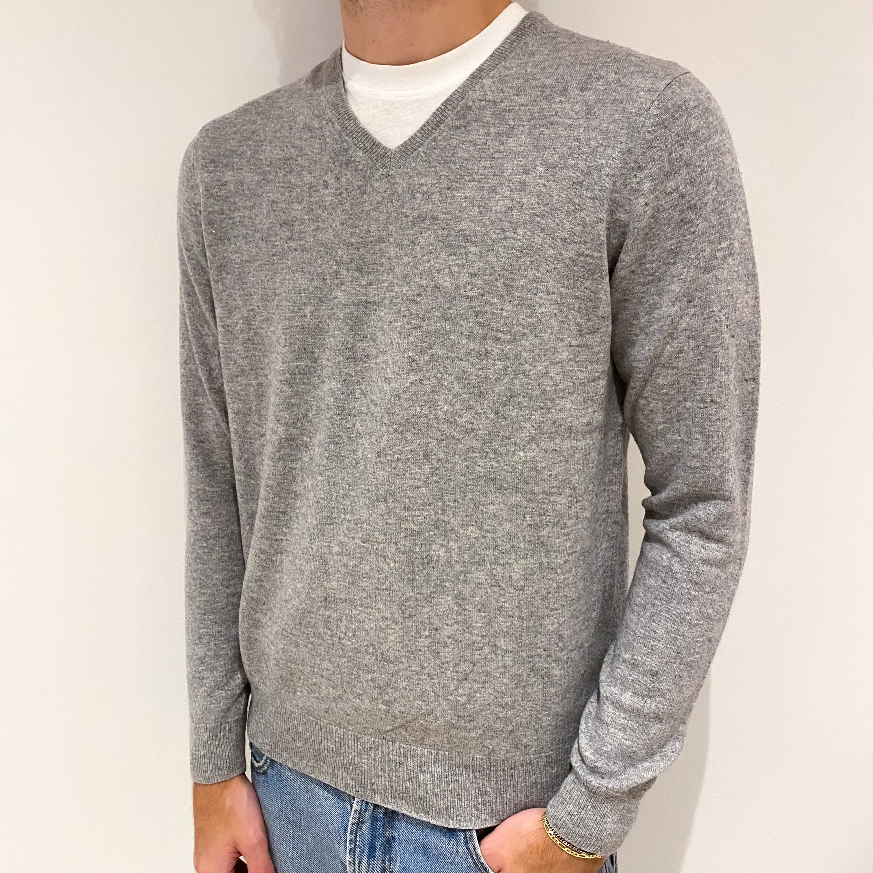Men's Slate Grey Cashmere V-Neck Jumper Large