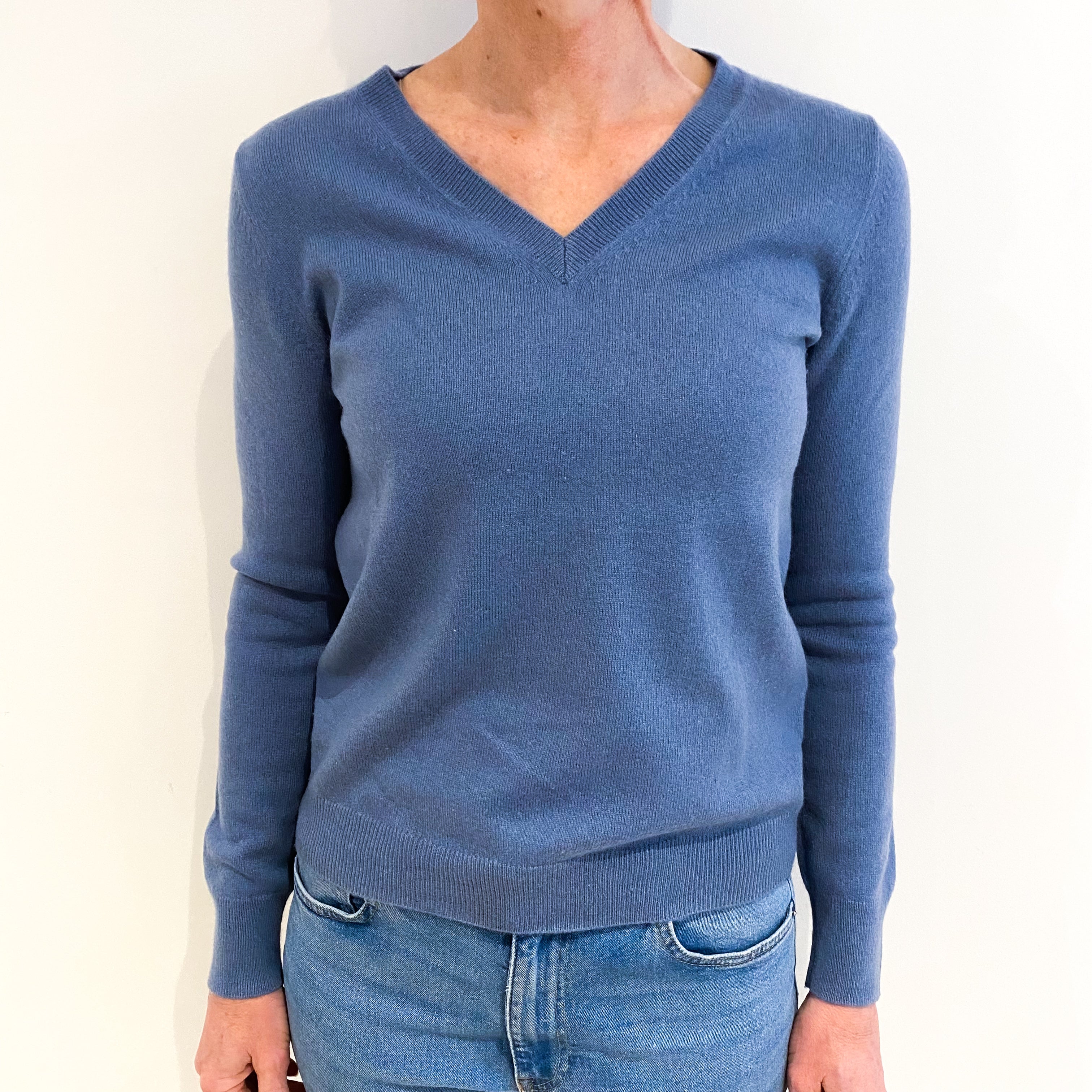 Denim Blue Cashmere V Neck Jumper Small