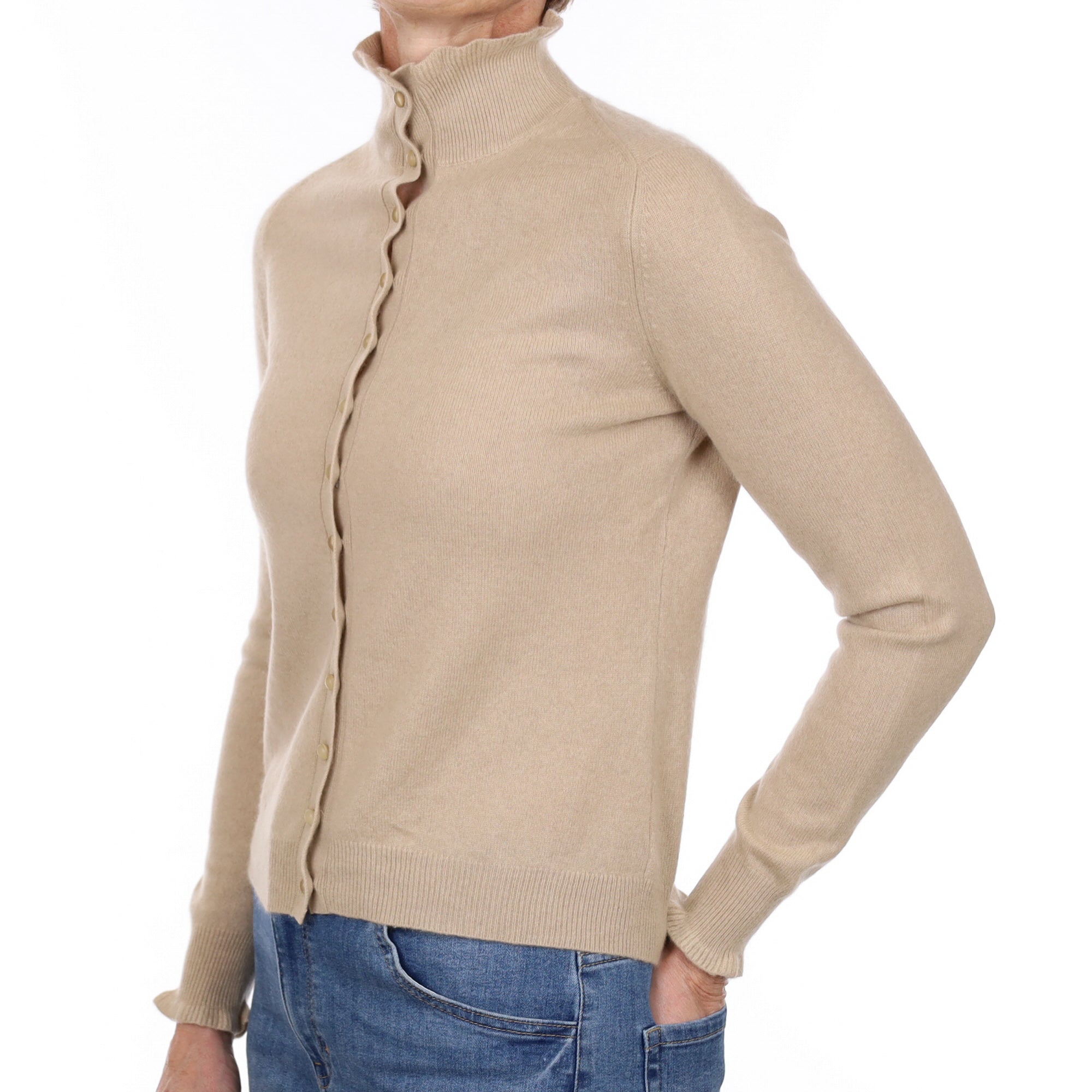 Fawn Beige Cashmere Ruffle Turtle Neck Cardigan Small
