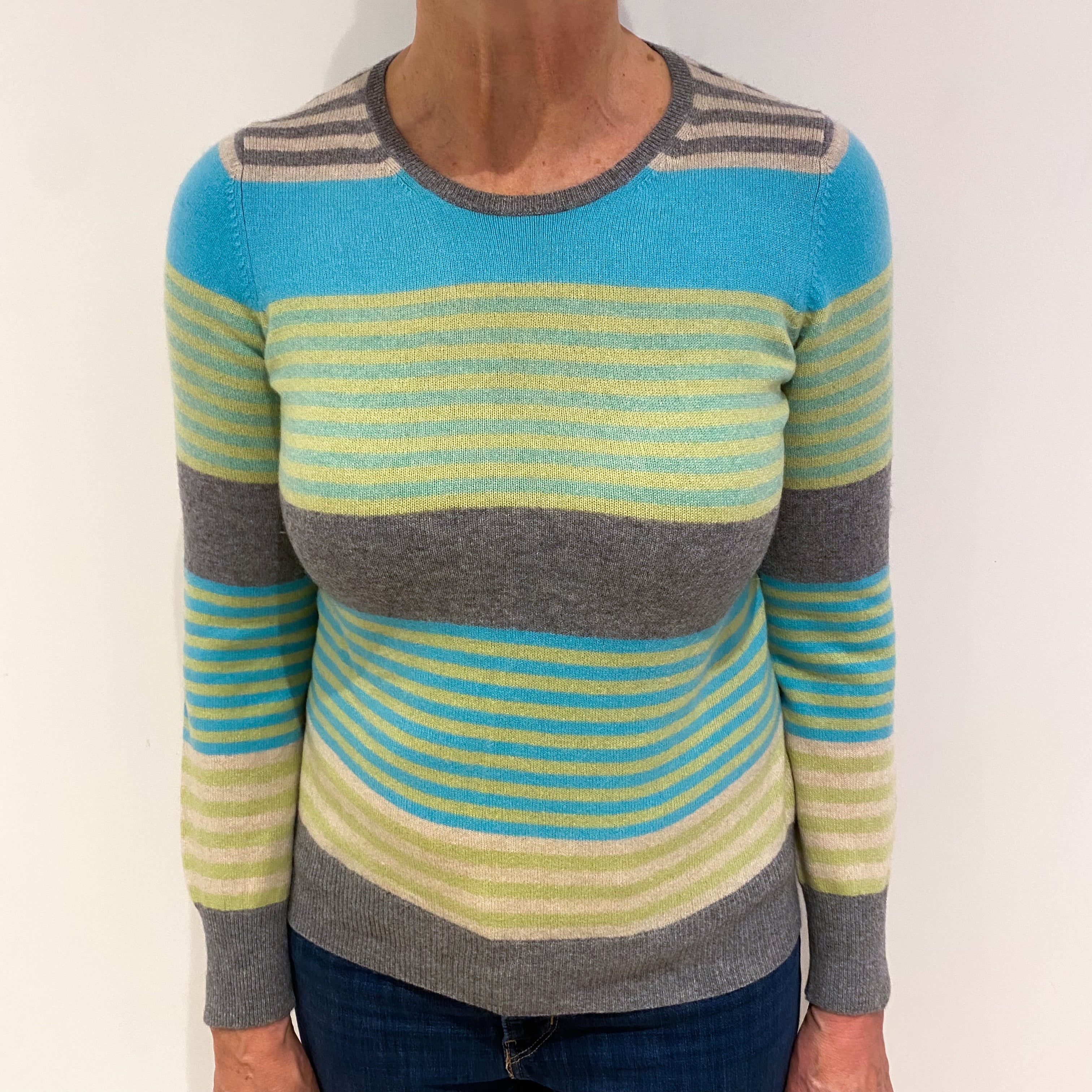 Turquoise Green & Grey Stripe Cashmere Crew Neck Cardigan Medium