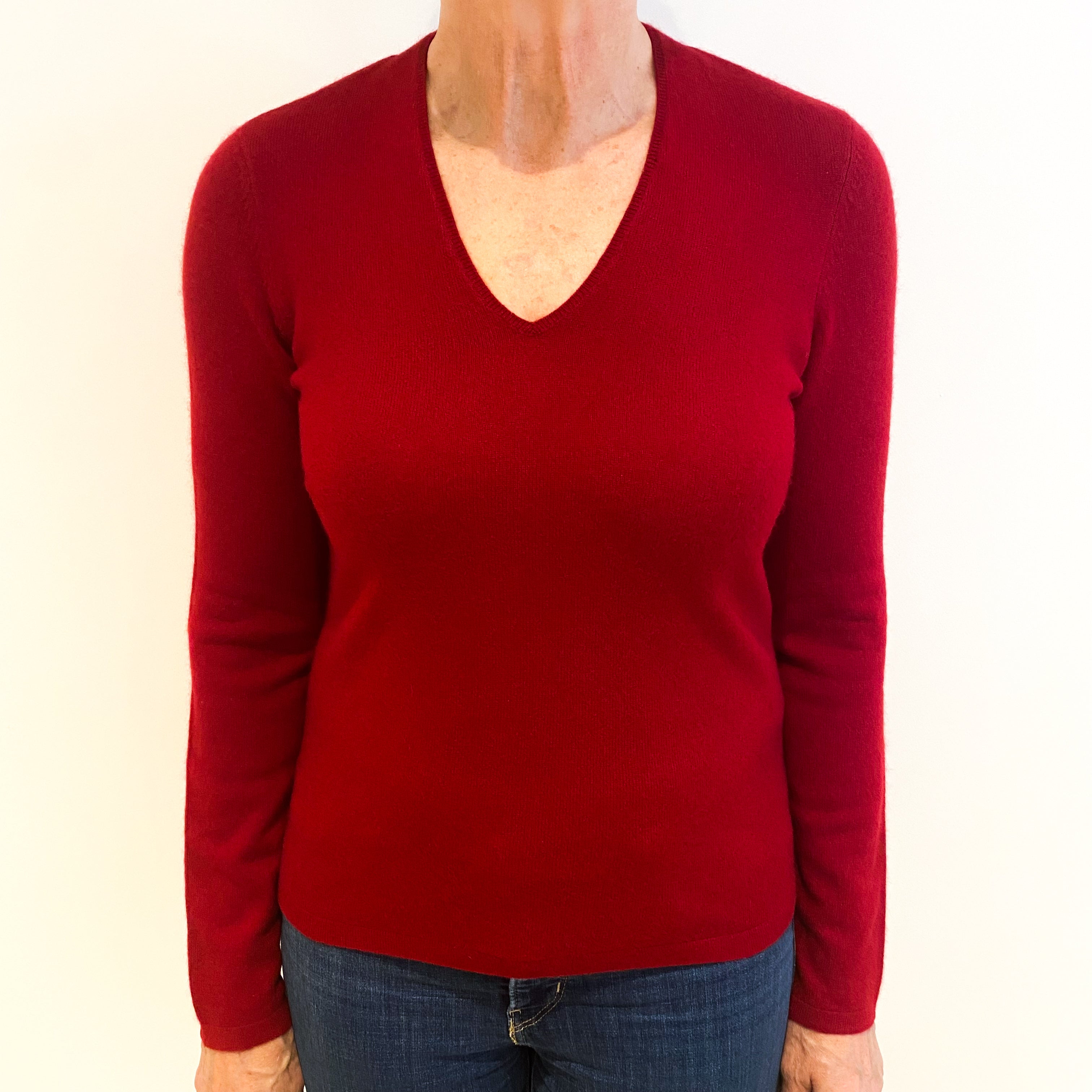 Post Box Red Cashmere V Neck Jumper Medium